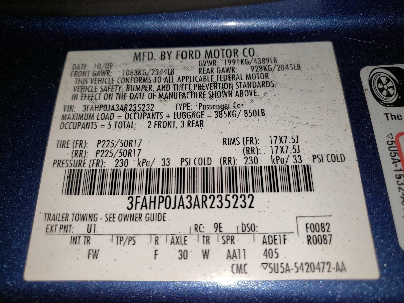 Photo 10 from auction – 2010 FORD FUSION SEL with VIN 3FAHP0JA3AR235232