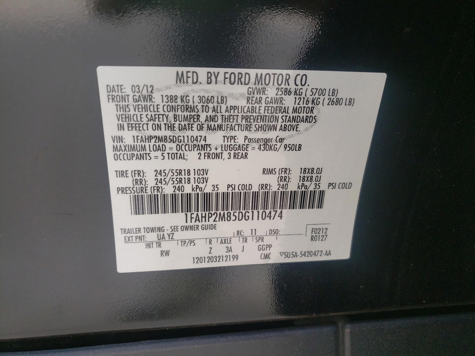 Photo 10 from auction – 2013 FORD TAURUS POL with VIN 1FAHP2M85DG110474