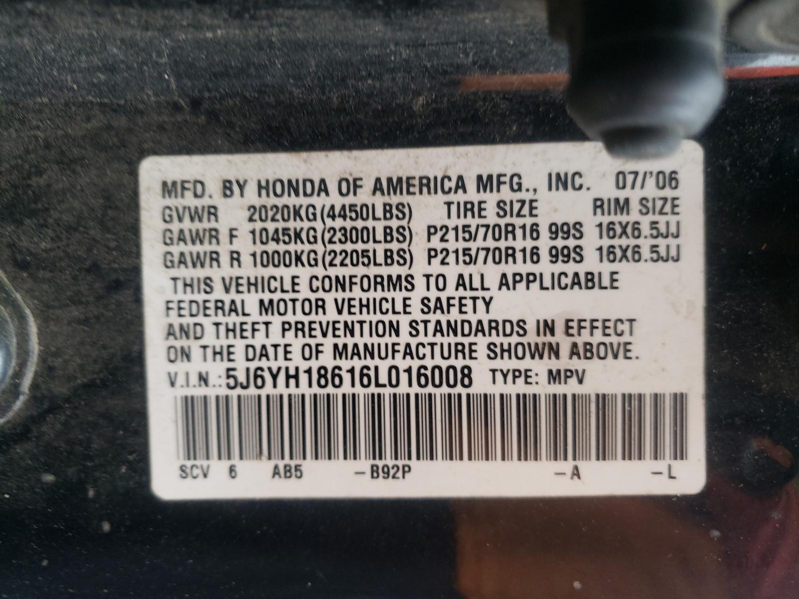 Photo 10 from auction – 2006 HONDA ELEMENT EX with VIN 5J6YH18616L016008