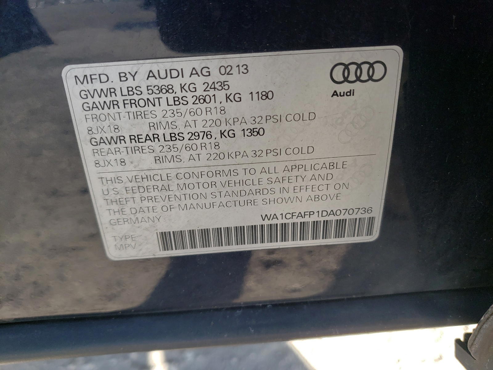 Photo 10 from auction – 2013 AUDI Q5 PREMIUM with VIN WA1CFAFP1DA070736