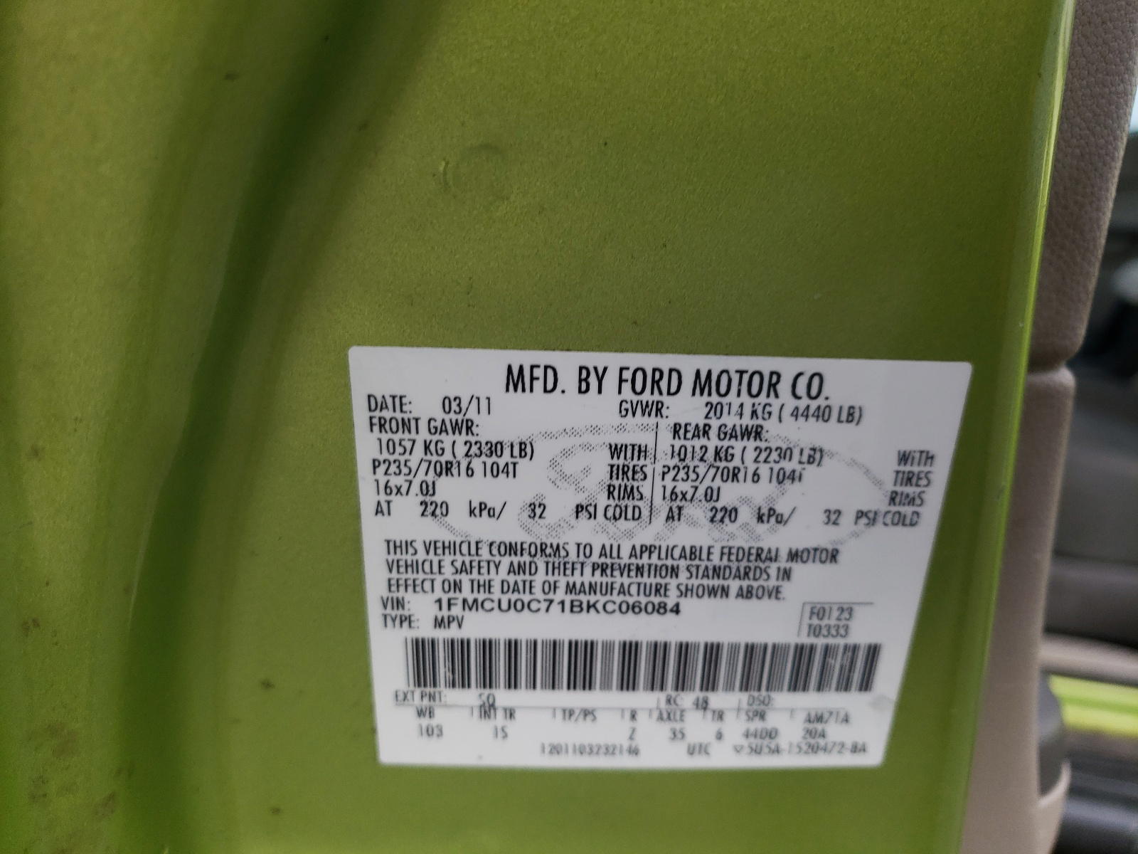 Photo 10 from auction – 2011 FORD ESCAPE XLS with VIN 1FMCU0C71BKC06084