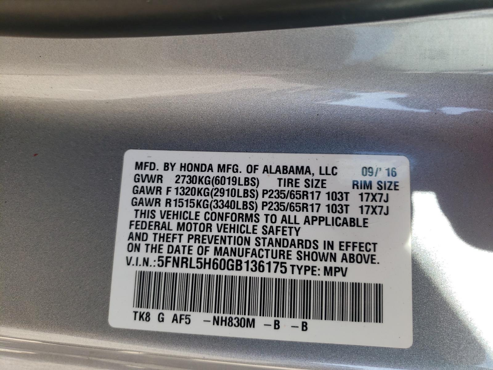 Photo 10 from auction – 2016 HONDA ODYSSEY EX with VIN 5FNRL5H60GB136175