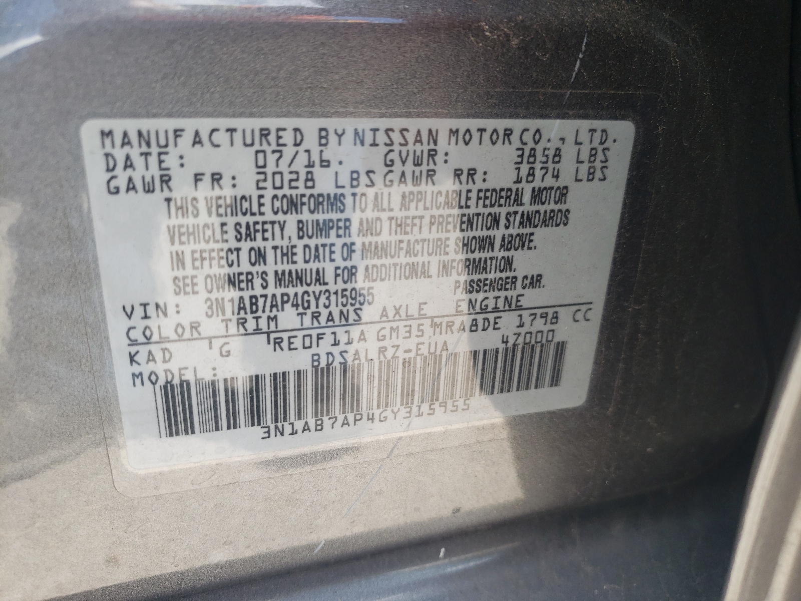 Photo 10 from auction – 2016 NISSAN SENTRA S with VIN 3N1AB7AP4GY315955