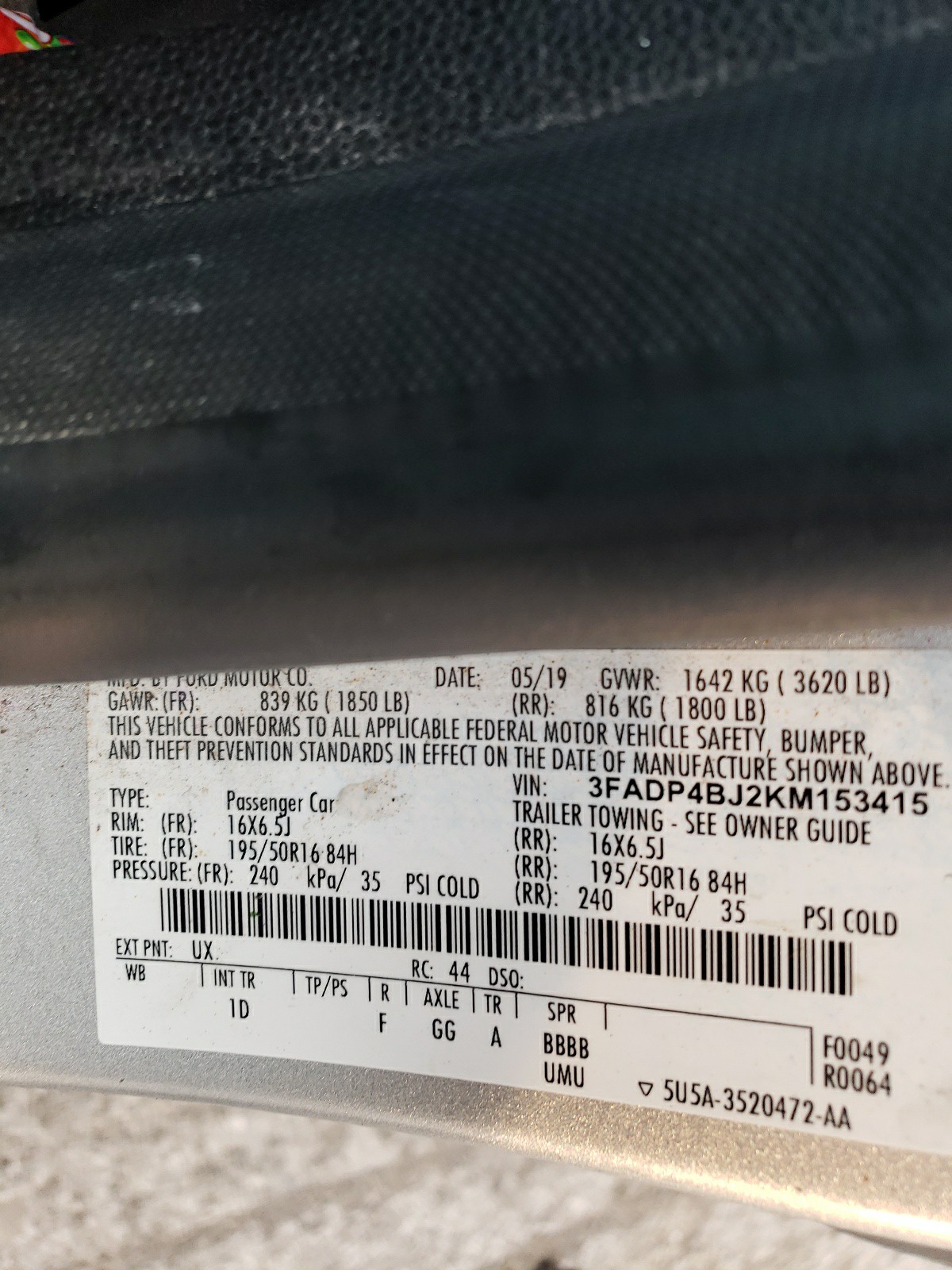 Photo 10 from auction – 2019 FORD FIESTA SE with VIN 3FADP4BJ2KM153415