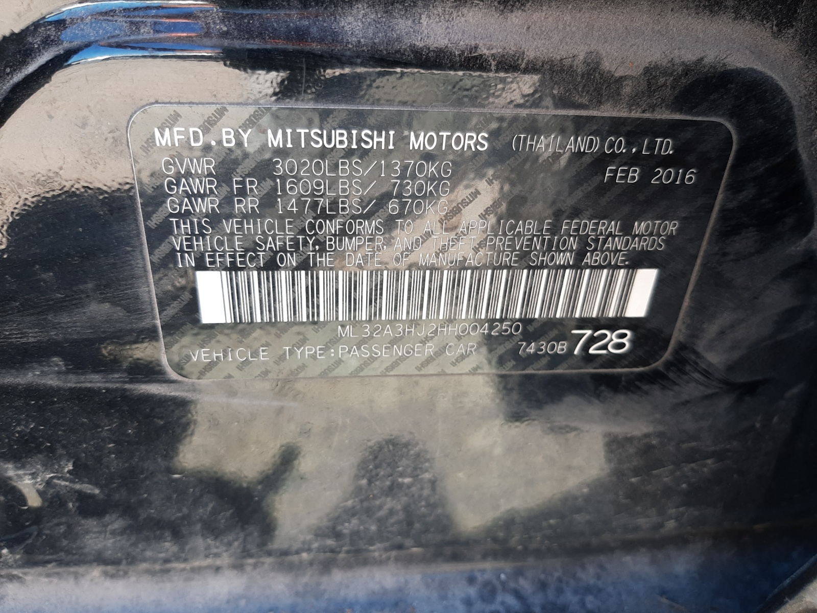 Photo 10 from auction – 2017 MITSUBISHI MIRAGE ES with VIN ML32A3HJ2HH004250