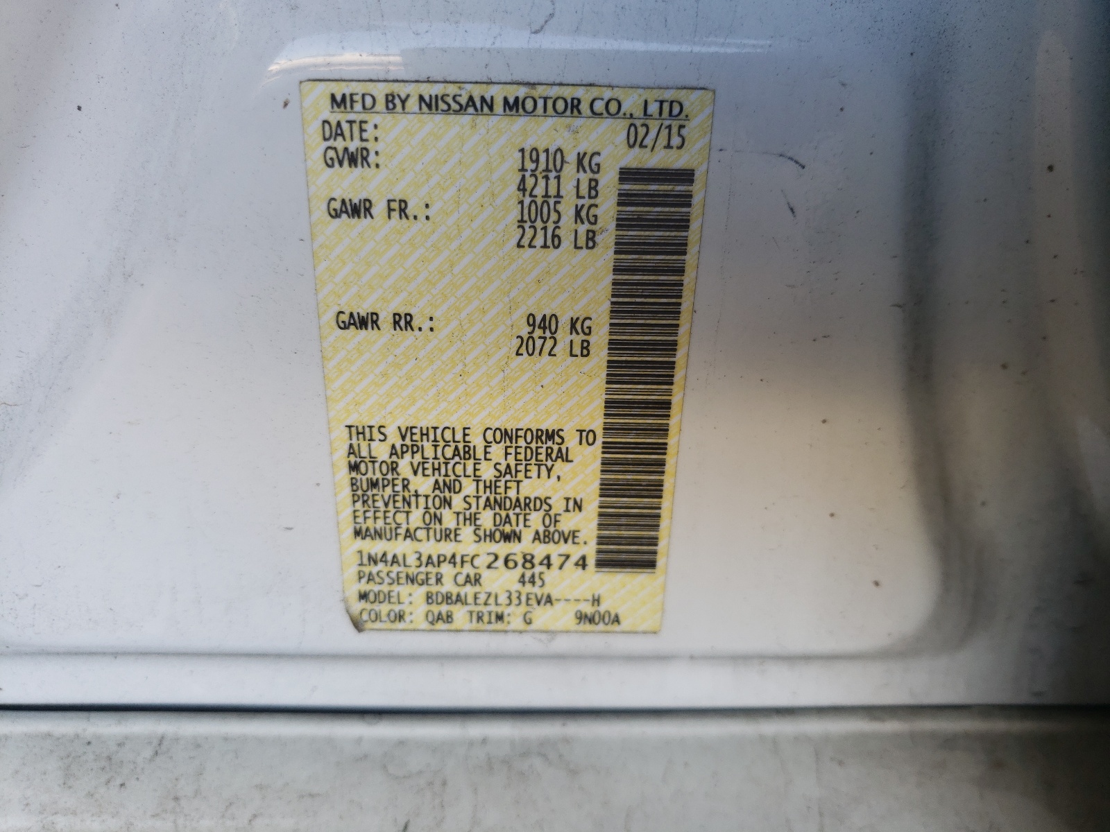 Photo 10 from auction – 2015 NISSAN ALTIMA 2.5 with VIN 1N4AL3AP4FC268474