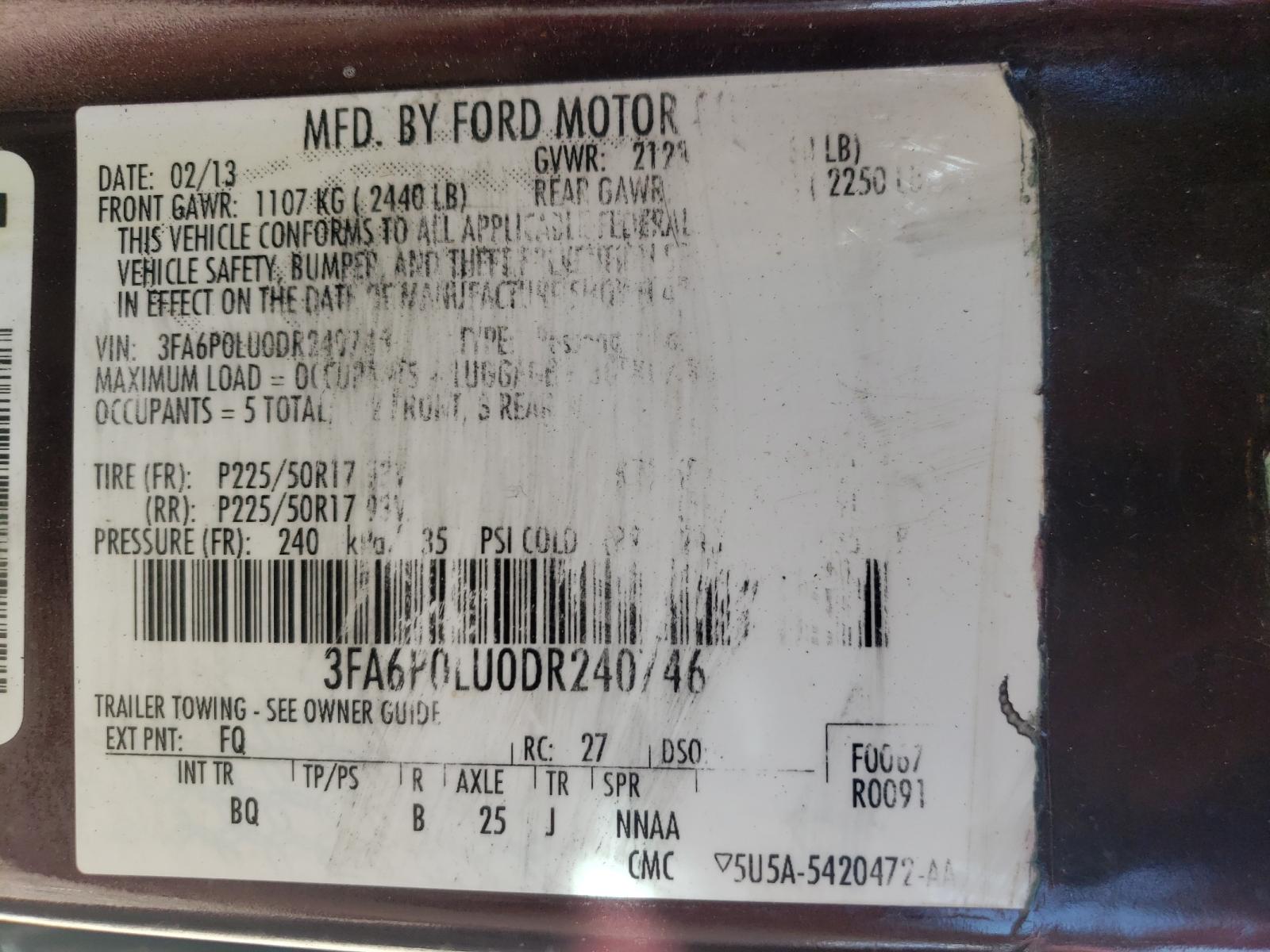 Photo 10 from auction – 2013 FORD FUSION SE with VIN 3FA6P0LU0DR240746