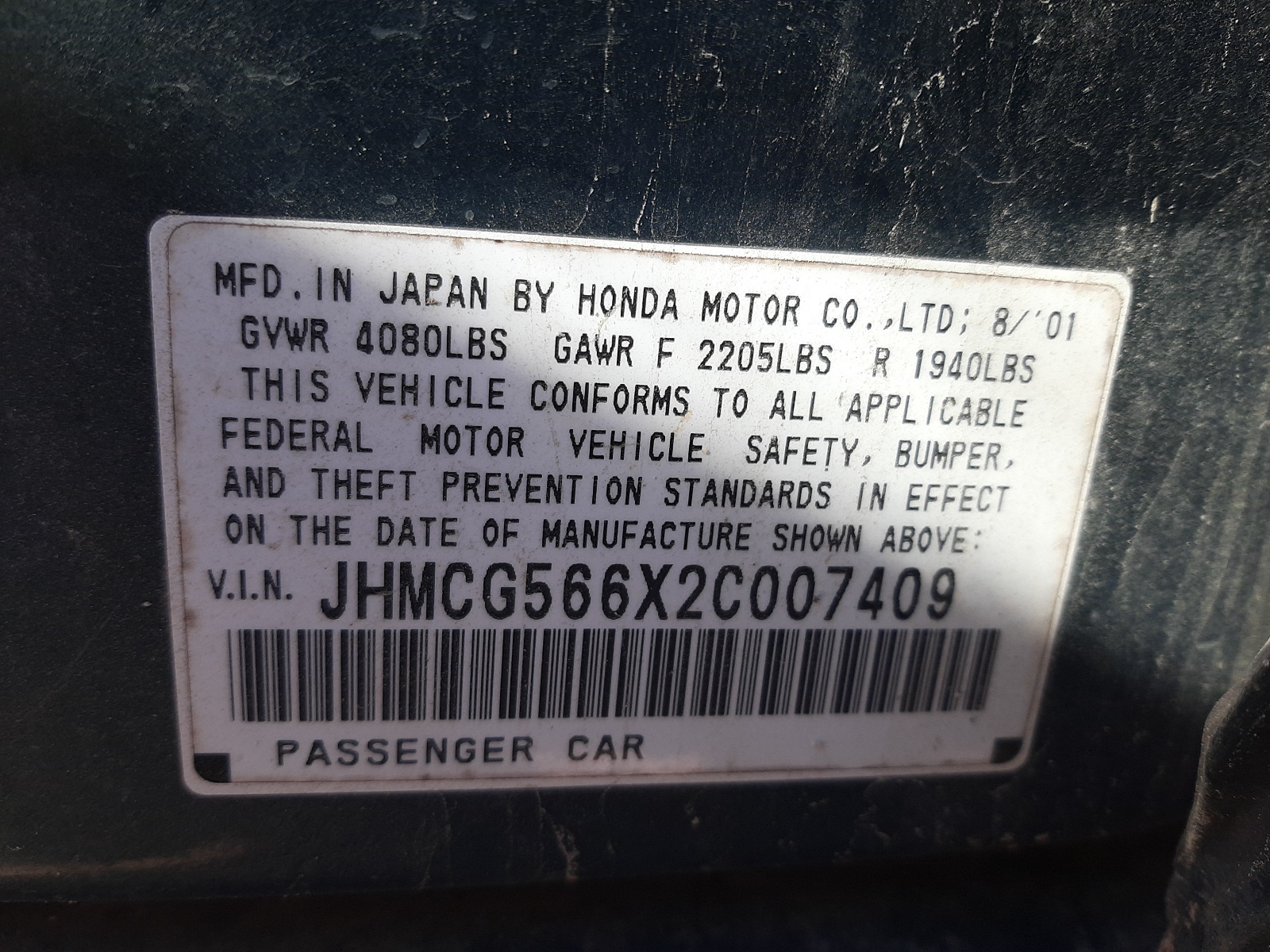Photo 10 from auction – 2002 HONDA ACCORD with VIN JHMCG566X2C007409