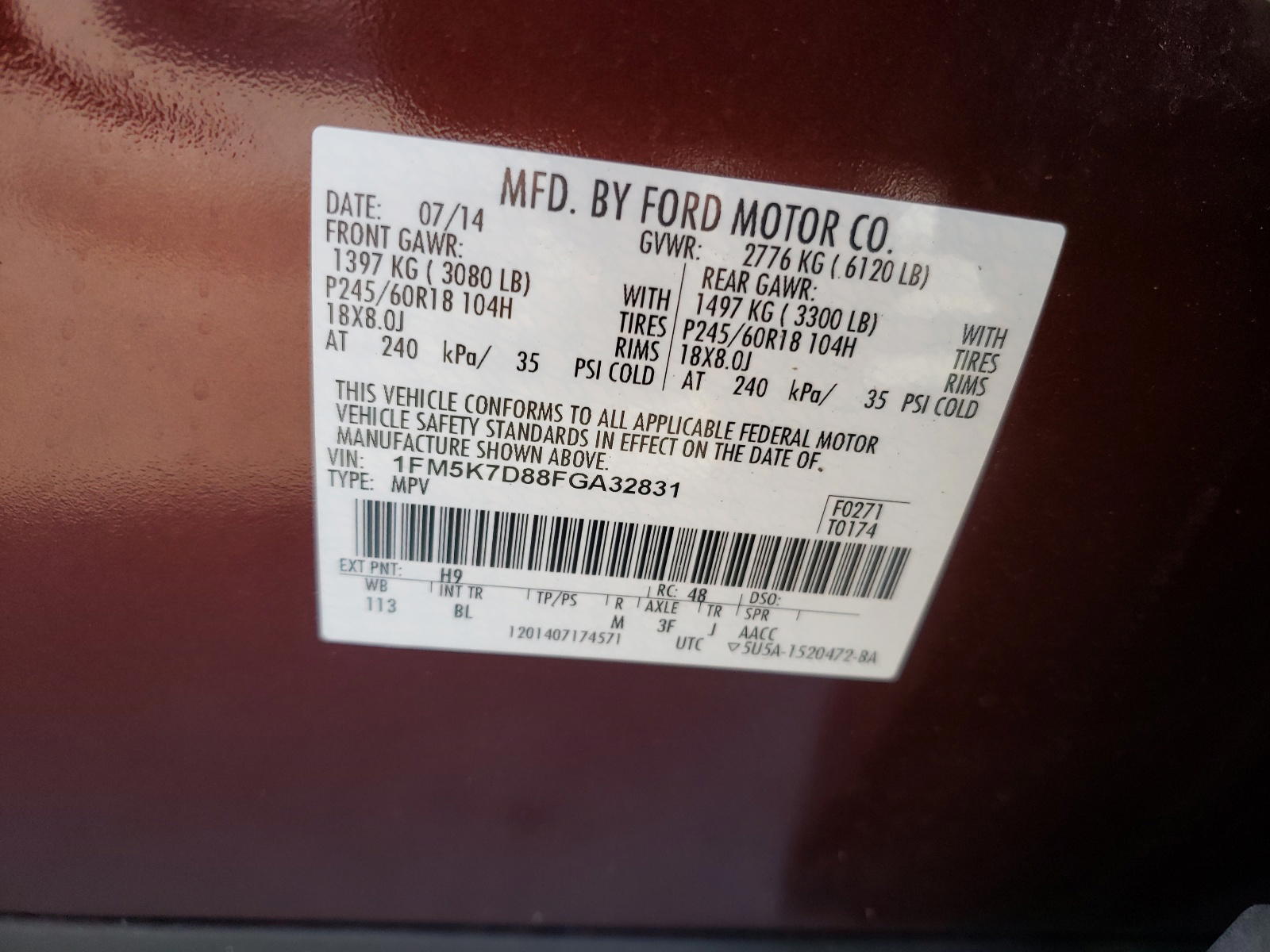 Photo 10 from auction – 2015 FORD EXPLOR XLT with VIN 1FM5K7D88FGA32831
