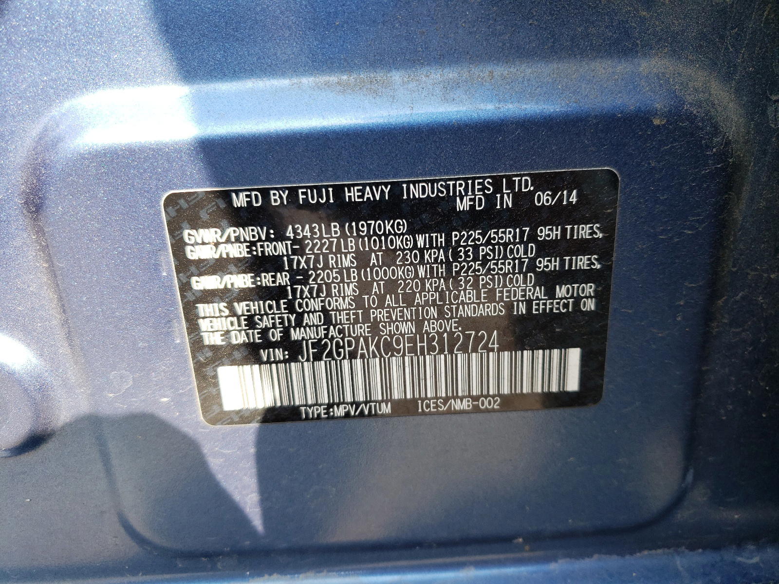 Photo 10 from auction – 2014 SUBARU XV CROSSTR with VIN JF2GPAKC9EH312724