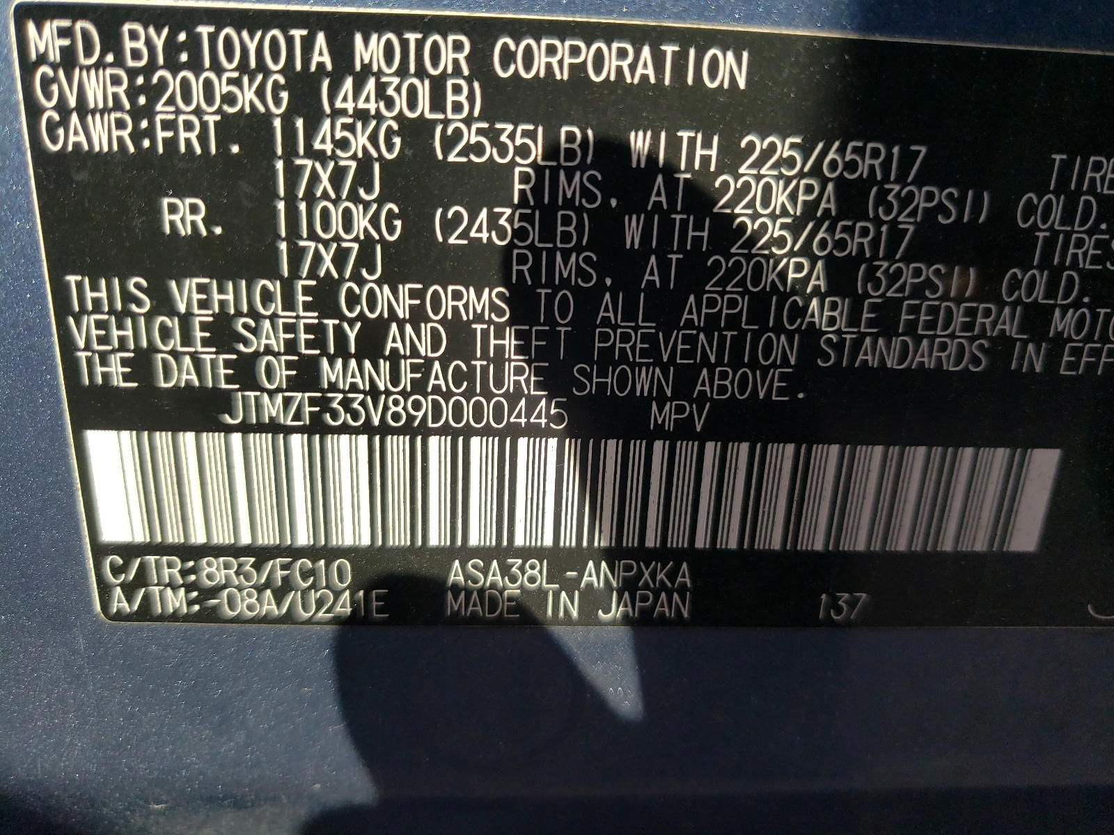 Photo 10 from auction – 2009 TOYOTA RAV4 with VIN JTMZF33V89D000445