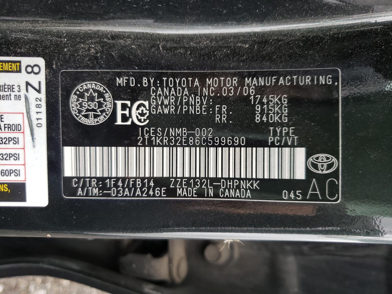 Photo 10 from auction – 2006 TOYOTA COROLLA MA with VIN 2T1KR32E86C599690