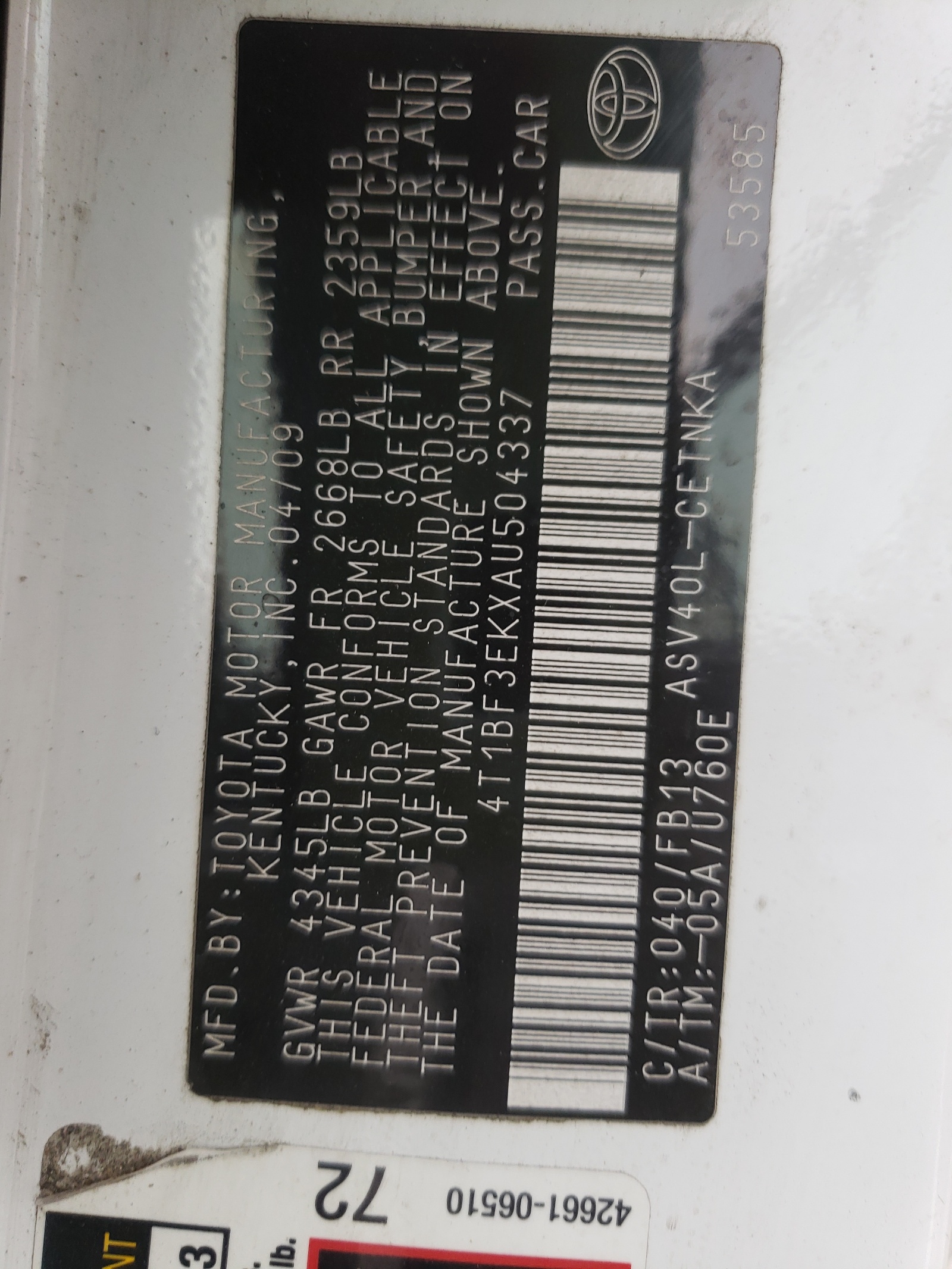 Photo 10 from auction – 2010 TOYOTA CAMRY BASE with VIN 4T1BF3EKXAU504337