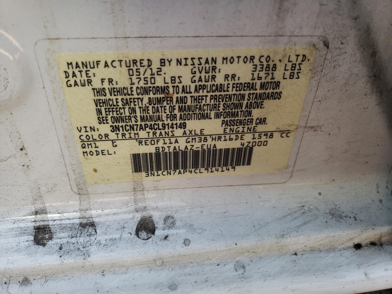 Photo 10 from auction – 2012 NISSAN VERSA S with VIN 3N1CN7AP4CL914149