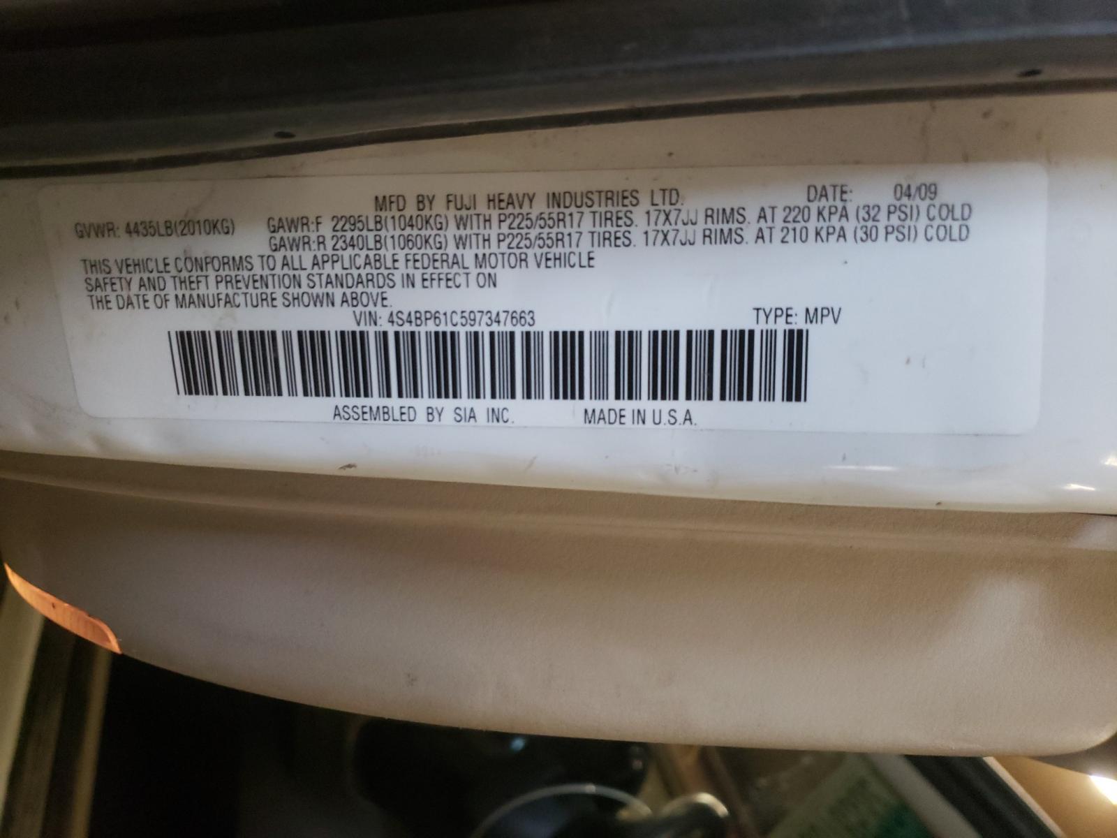 Photo 10 from auction – 2009 SUBARU OUTBACK 2. with VIN 4S4BP61C597347663