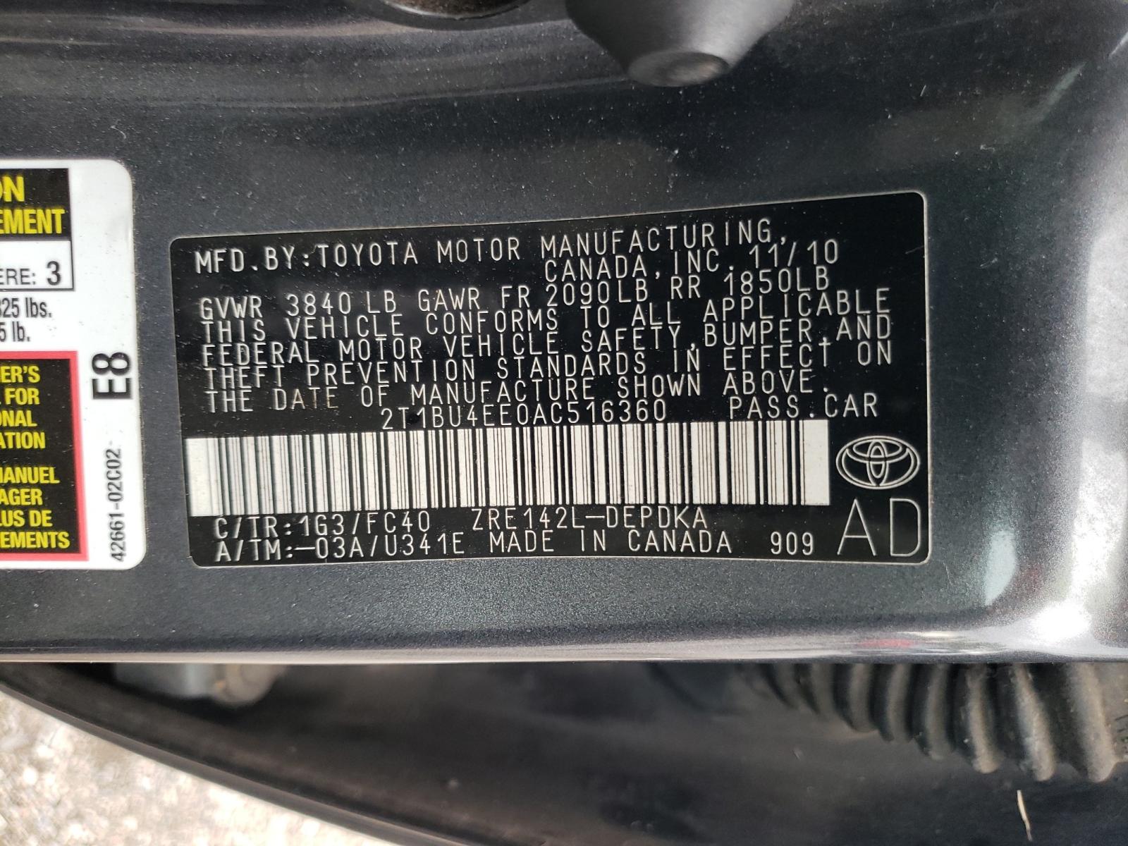 Photo 10 from auction – 2010 TOYOTA COROLLA BA with VIN 2T1BU4EE0AC516360