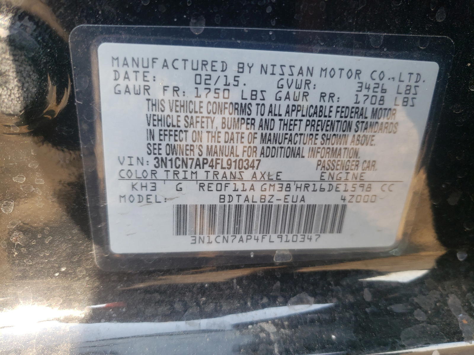 Photo 10 from auction – 2015 NISSAN VERSA S with VIN 3N1CN7AP4FL910347