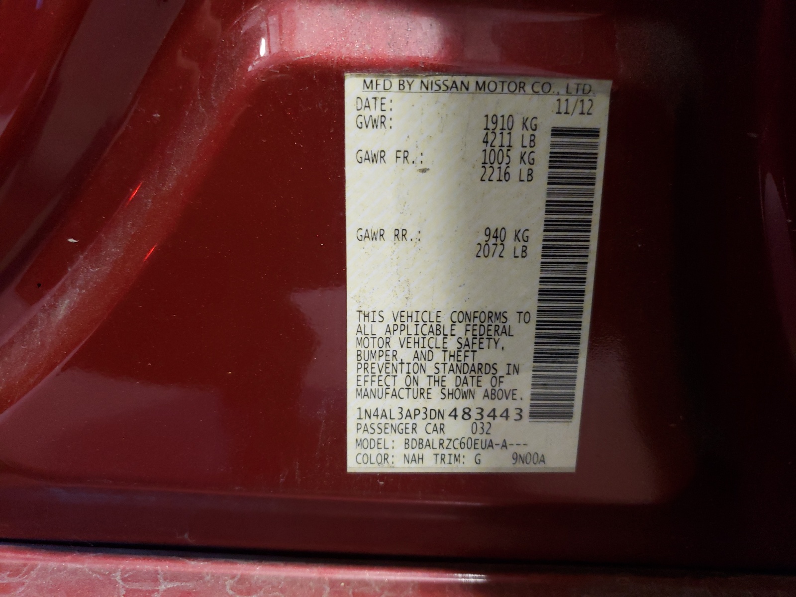 Photo 10 from auction – 2013 NISSAN ALTIMA 2.5 with VIN 1N4AL3AP3DN483443