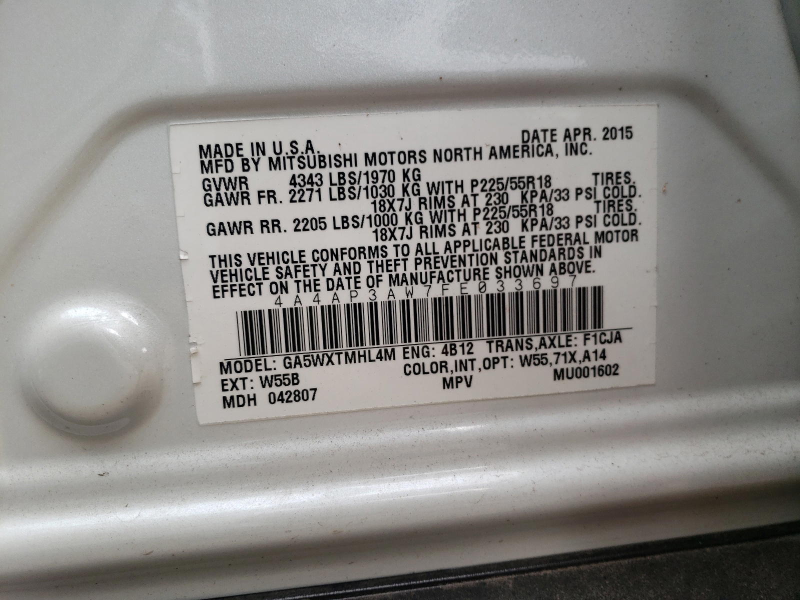 Photo 10 from auction – 2015 MITSUBISHI OUTLANDER with VIN 4A4AP3AW7FE033697