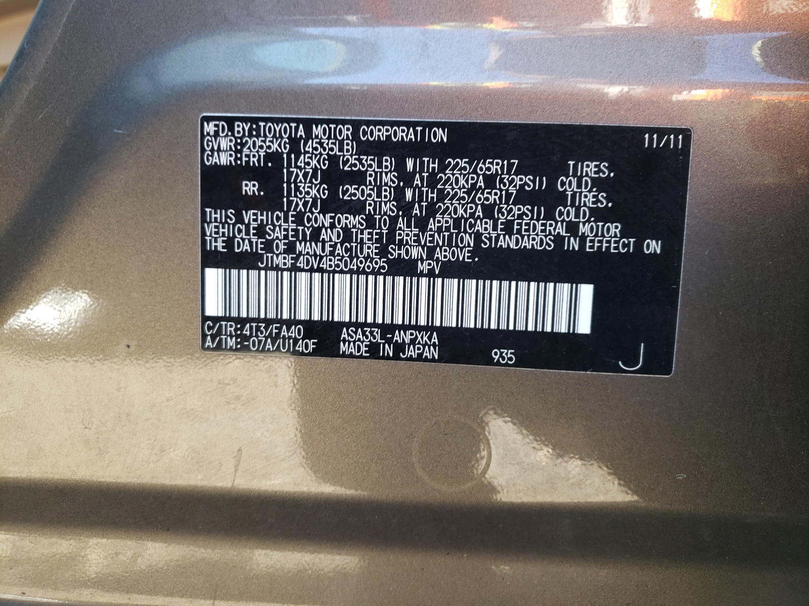 Photo 10 from auction – 2011 TOYOTA RAV4 with VIN JTMBF4DV4B5049695