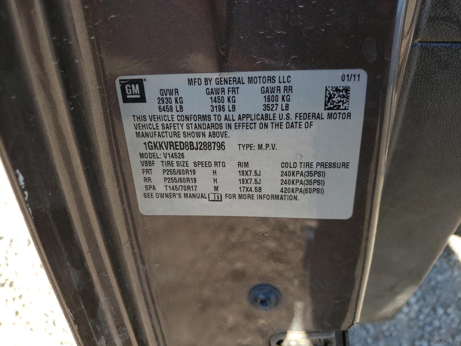 Photo 10 from auction – 2011 GMC ACADIA SLT with VIN 1GKKVRED8BJ288796