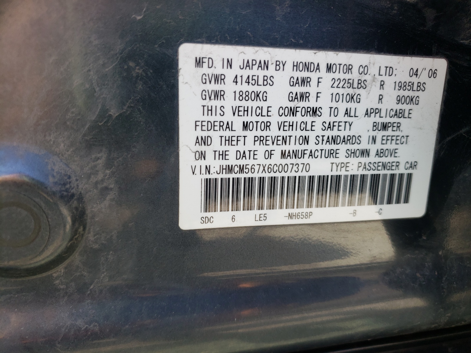 Photo 10 from auction – 2006 HONDA ACCORD with VIN JHMCM567X6C007370