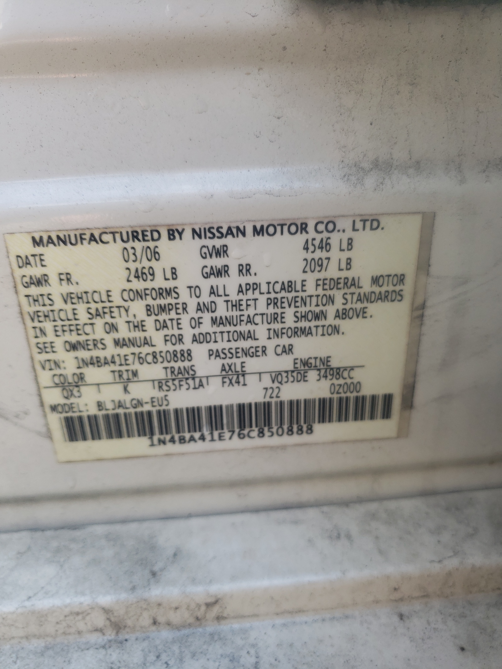 Photo 10 from auction – 2006 NISSAN MAXIMA SE with VIN 1N4BA41E76C850888