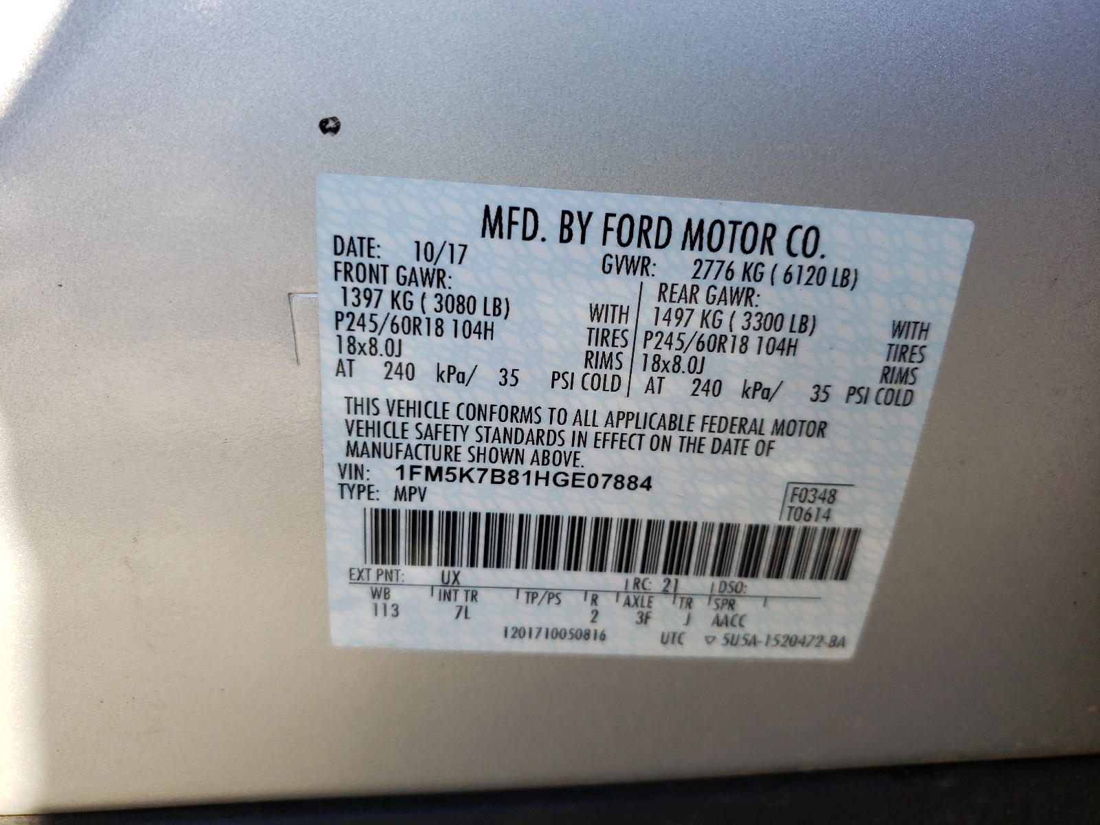 Photo 10 from auction – 2017 FORD EXPLORER with VIN 1FM5K7B81HGE07884
