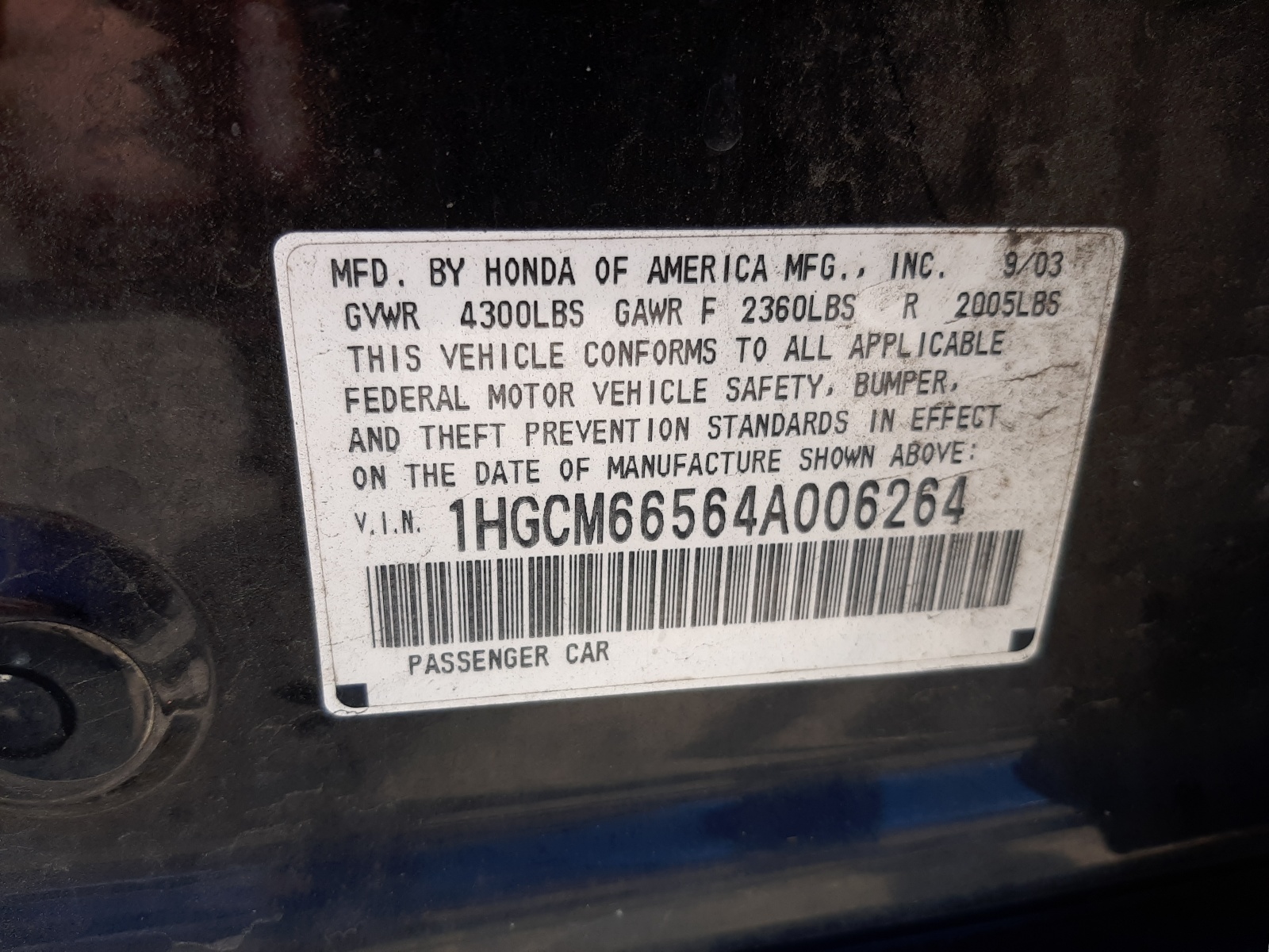 Photo 10 from auction – 2004 HONDA ACCORD EX with VIN 1HGCM66564A006264