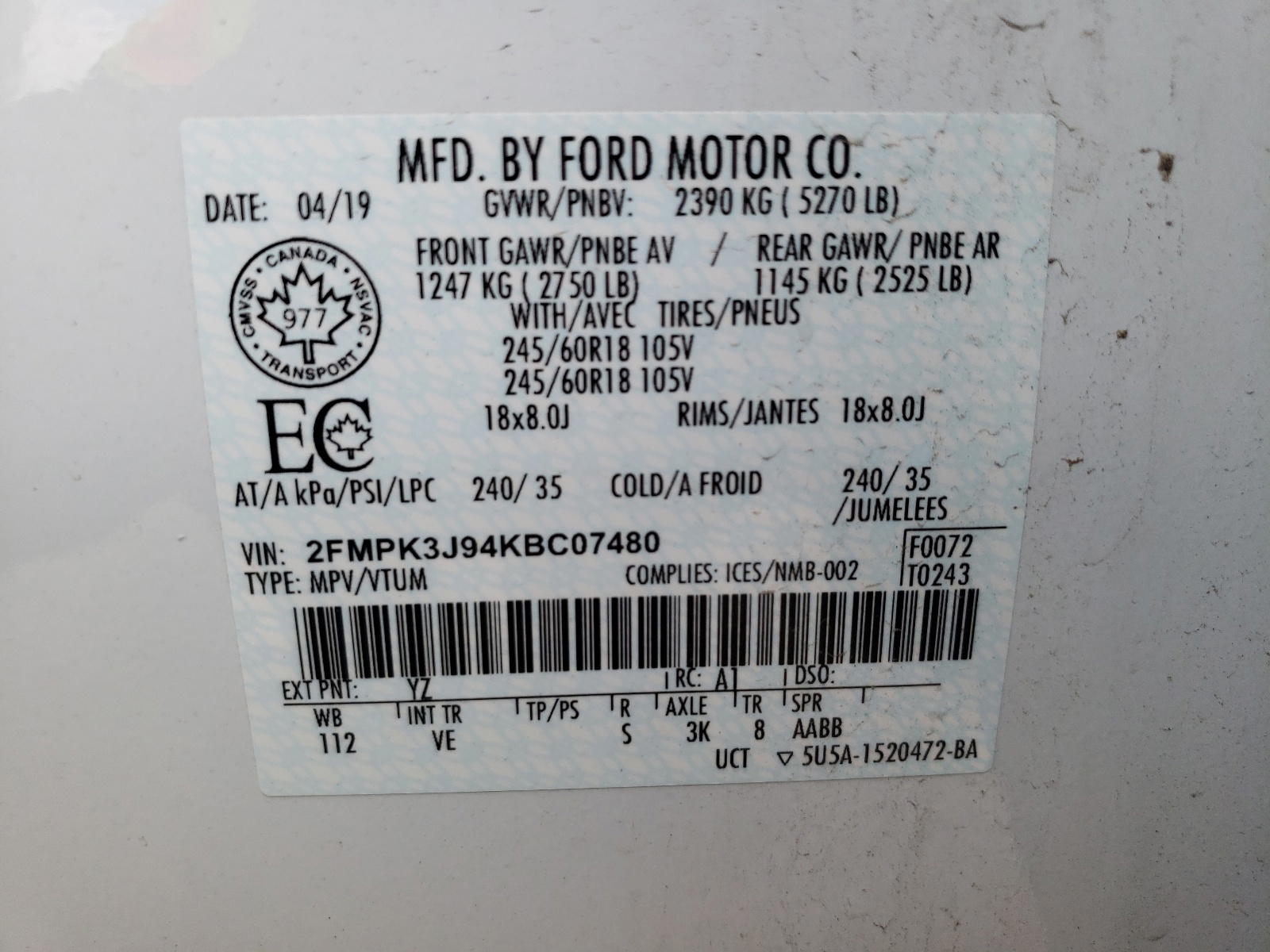 Photo 10 from auction – 2019 FORD EDGE SEL with VIN 2FMPK3J94KBC07480