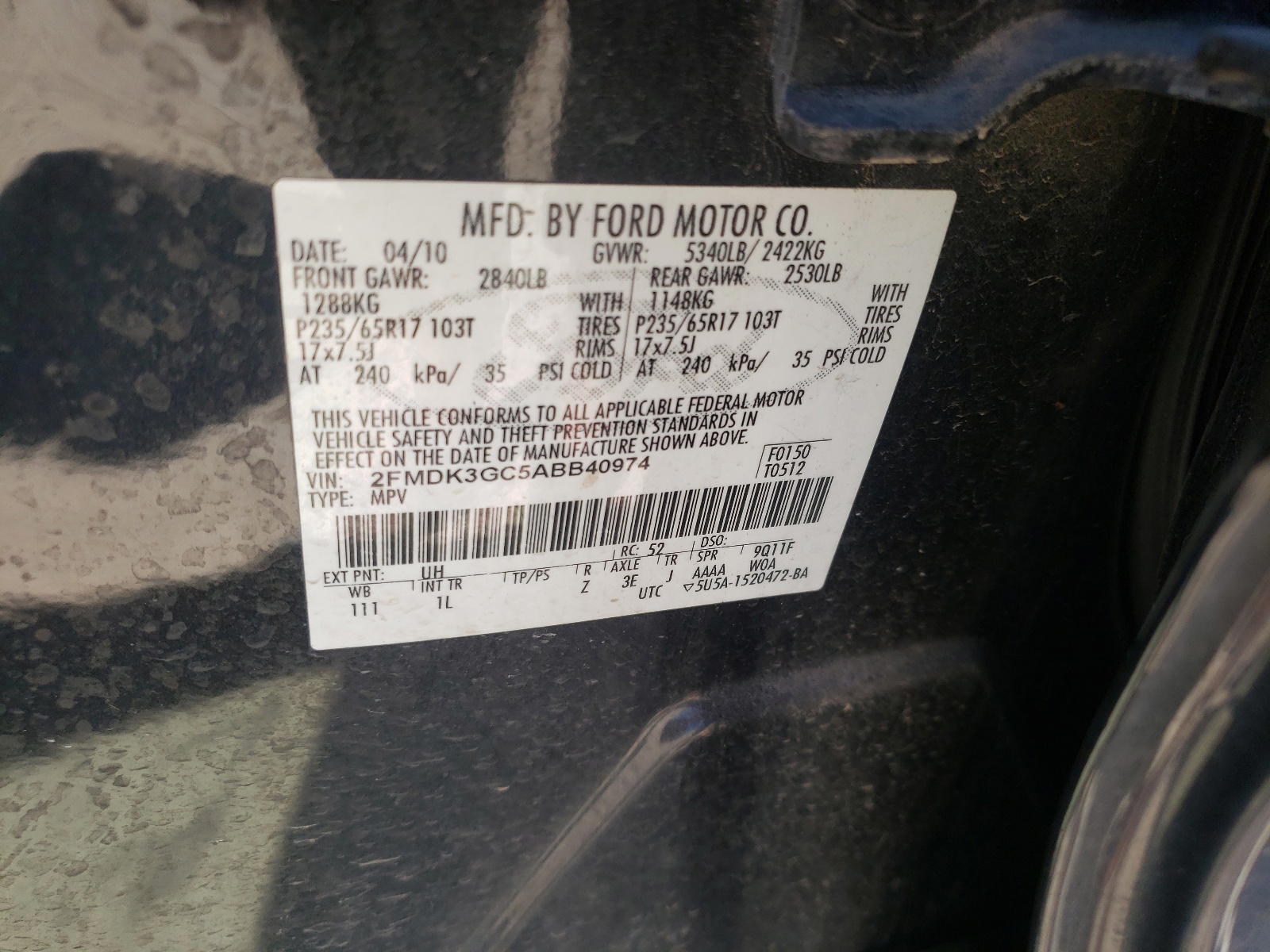 Photo 10 from auction – 2010 FORD EDGE SE with VIN 2FMDK3GC5ABB40974