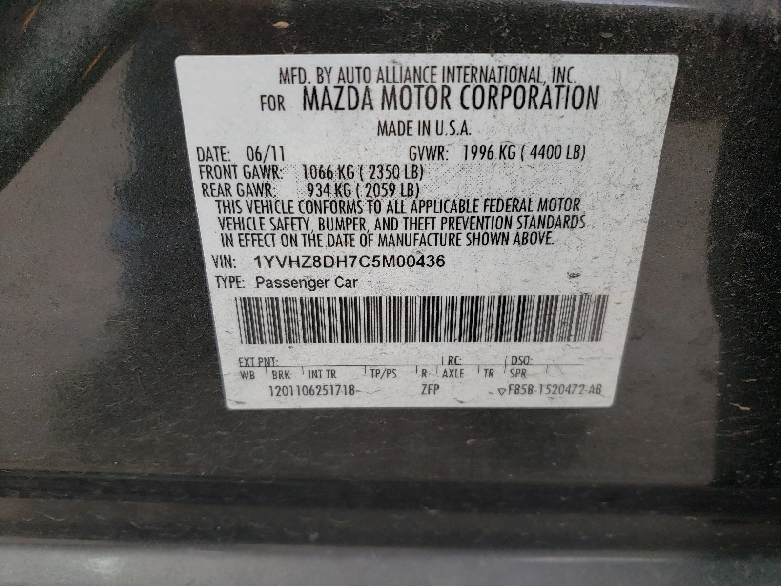 Photo 10 from auction – 2012 MAZDA 6 I with VIN 1YVHZ8DH7C5M00436