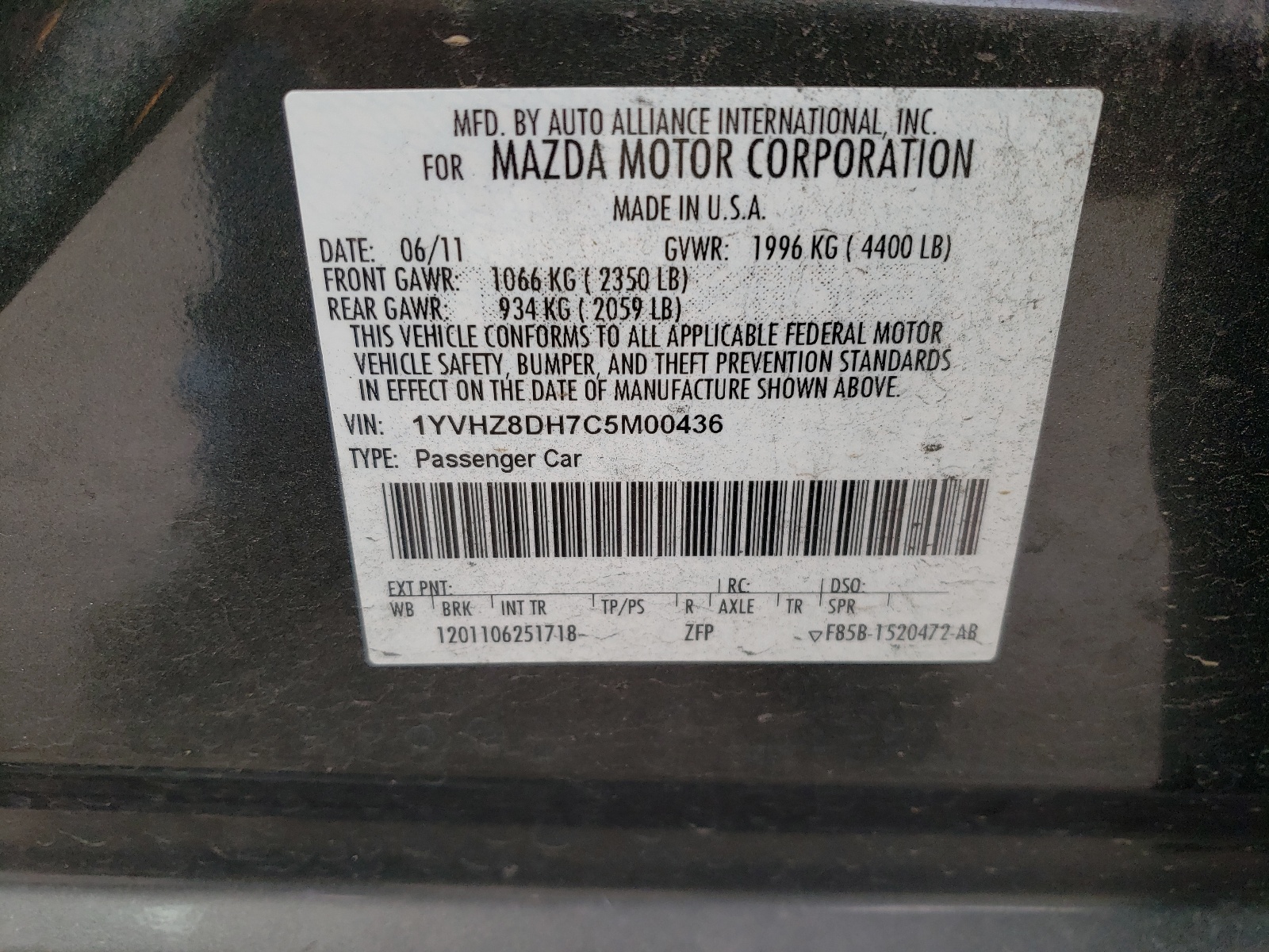 Zdjęcie 10 z aukcji – 2012 MAZDA 6 I z VIN 1YVHZ8DH7C5M00436