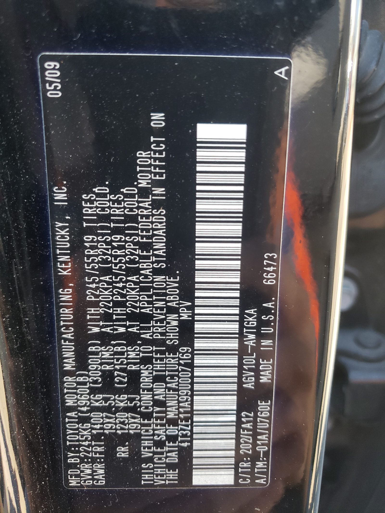 Photo 10 from auction – 2009 TOYOTA VENZA with VIN 4T3ZE11A99U007169