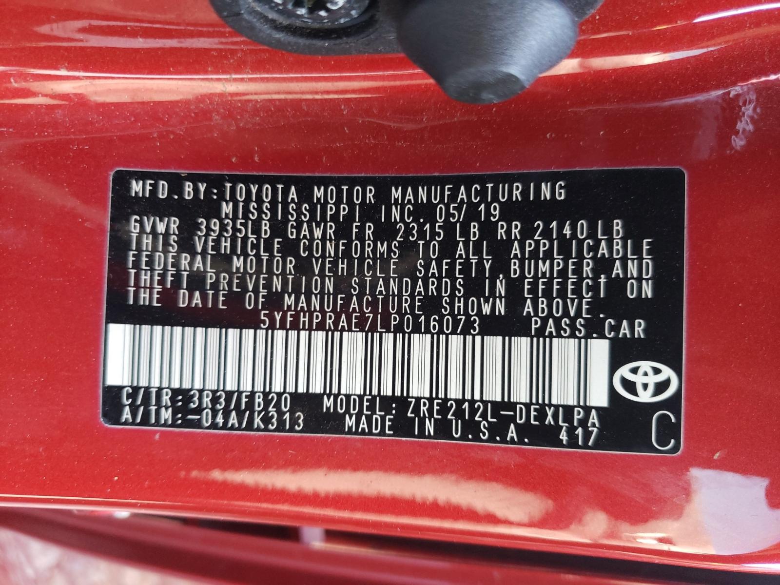 Photo 10 from auction – 2020 TOYOTA COROLLA LE with VIN 5YFHPRAE7LP016073