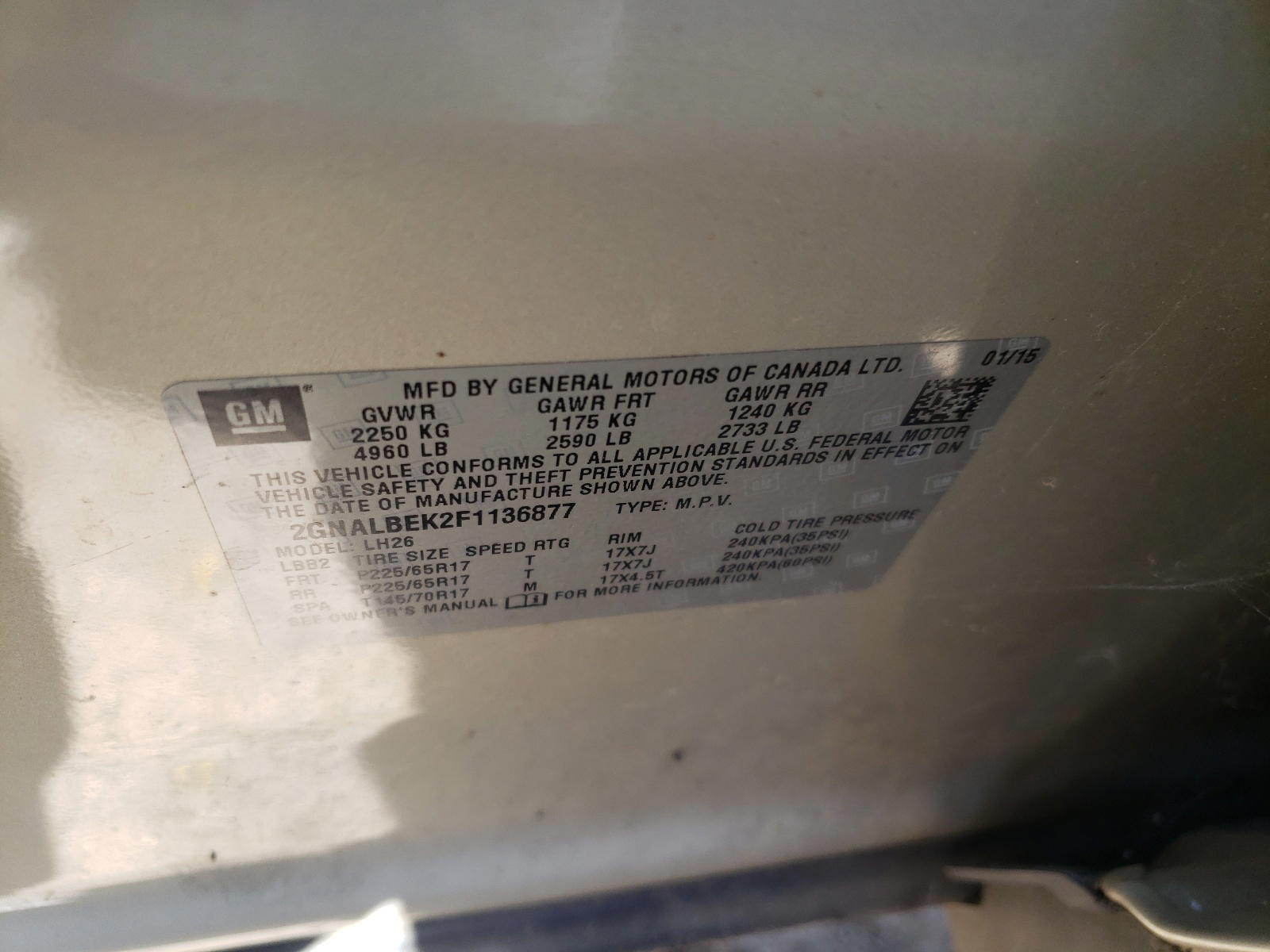 Photo 10 from auction – 2015 CHEVROLET EQUINOX LT with VIN 2GNALBEK2F1136877