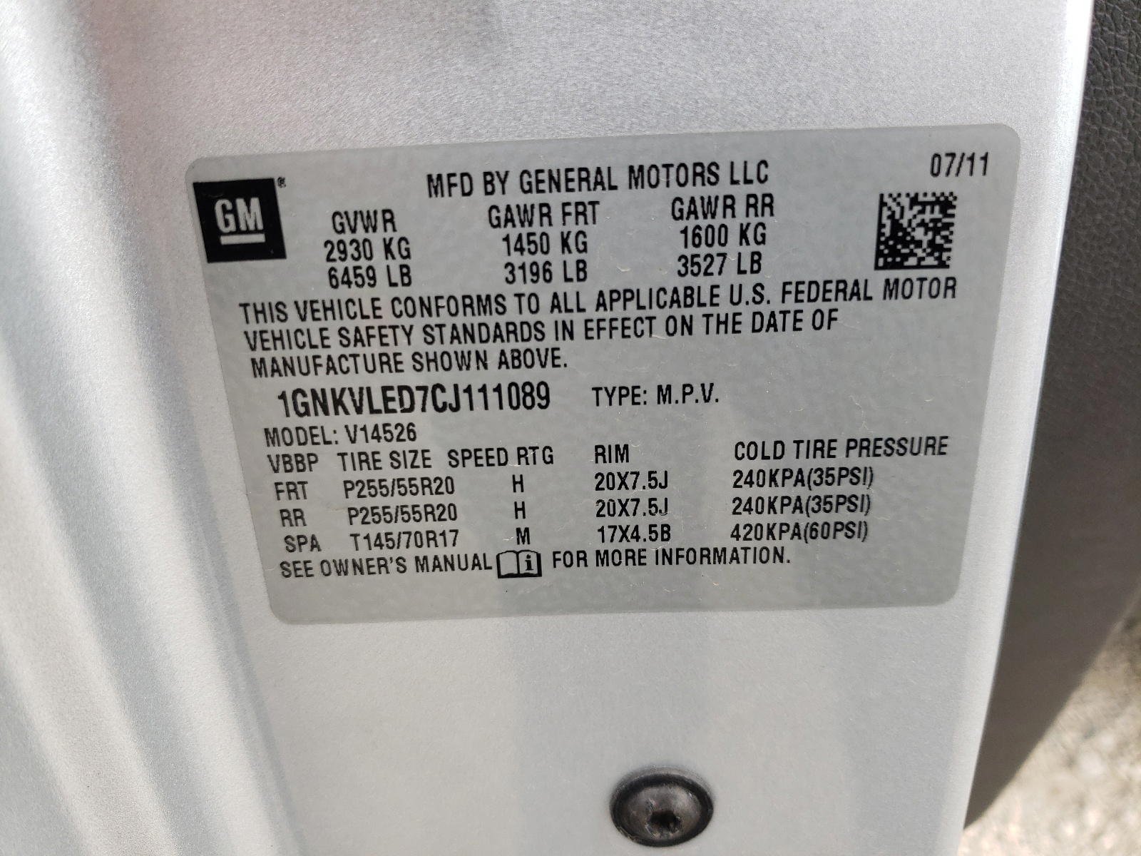 Photo 10 from auction – 2012 CHEVROLET TRAVERSE L with VIN 1GNKVLED7CJ111089