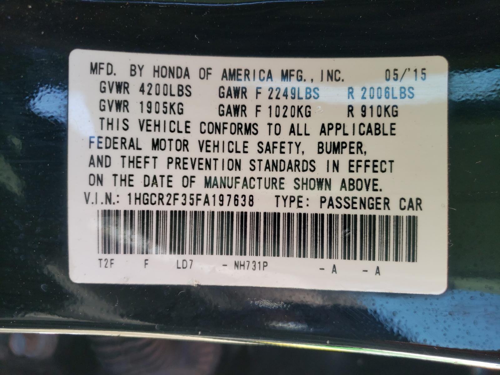 Photo 10 from auction – 2015 HONDA ACCORD LX with VIN 1HGCR2F35FA197638