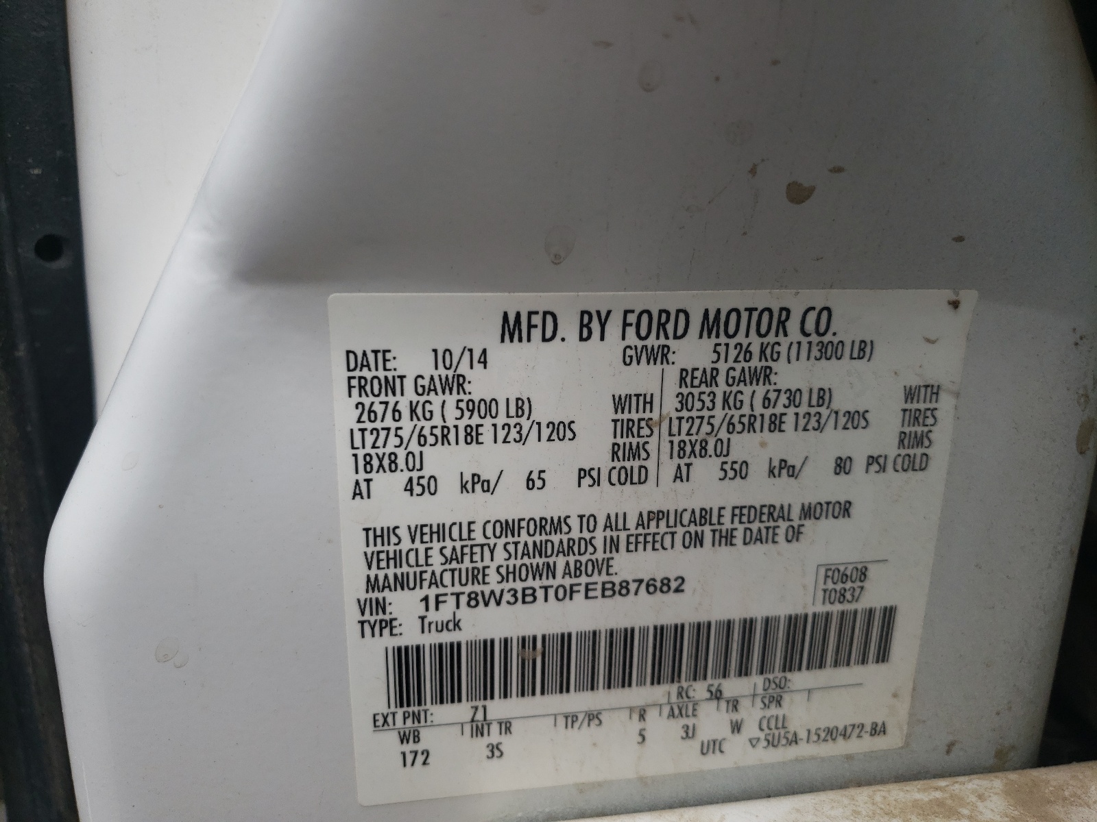 Photo 10 from auction – 2015 FORD F350 SUPER with VIN 1FT8W3BT0FEB87682