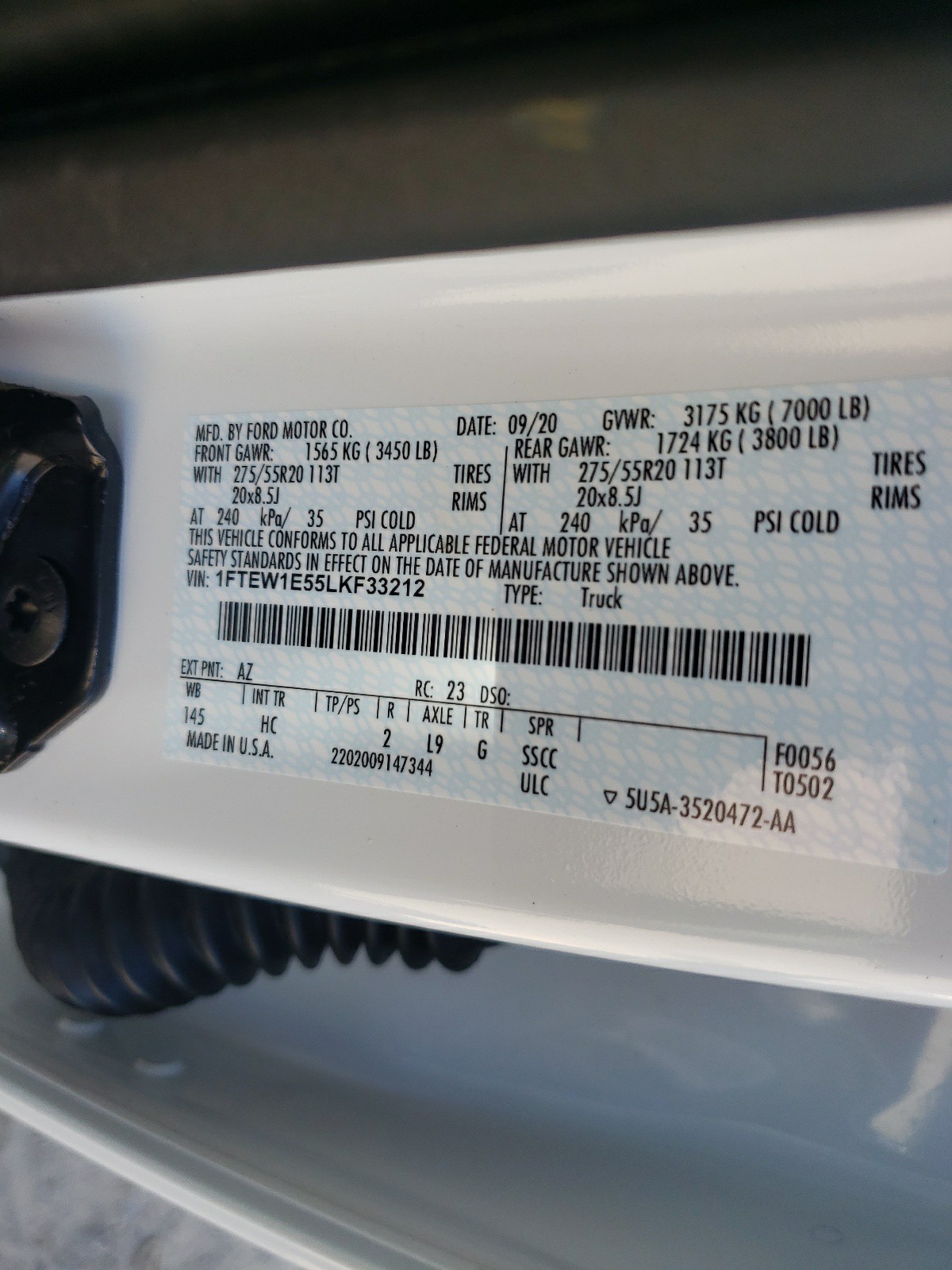 Photo 10 from auction – 2020 FORD F150 SUPER with VIN 1FTEW1E55LKF33212