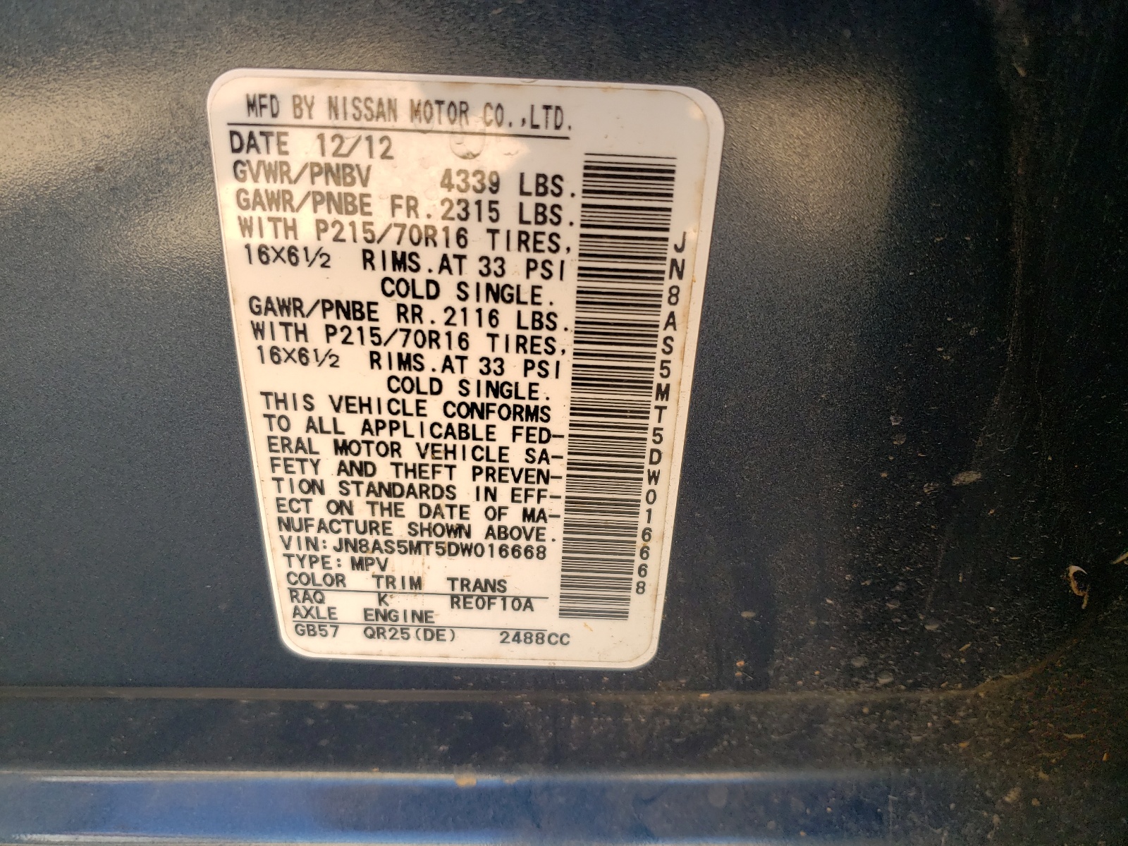 Photo 10 from auction – 2013 NISSAN ROGUE S with VIN JN8AS5MT5DW016668