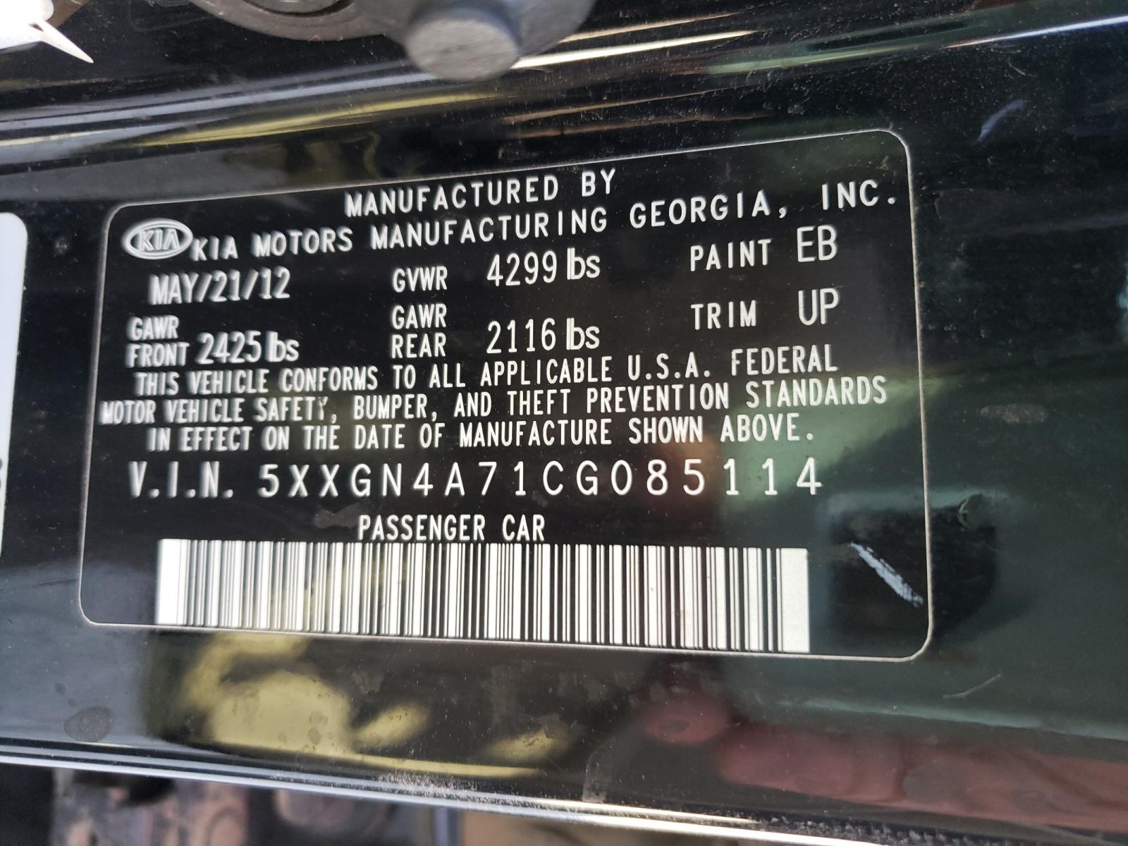 Photo 10 from auction – 2012 KIA OPTIMA EX with VIN 5XXGN4A71CG085114