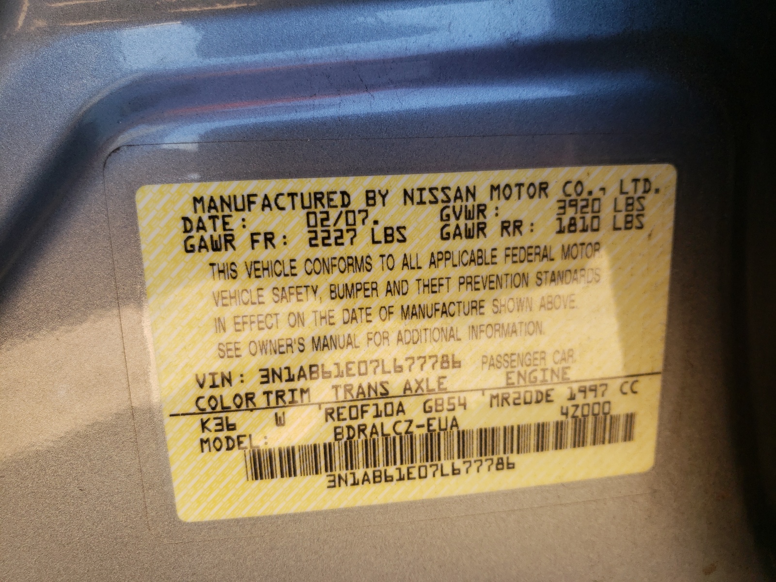 Photo 10 from auction – 2007 NISSAN SENTRA with VIN 3N1AB61E07L677786