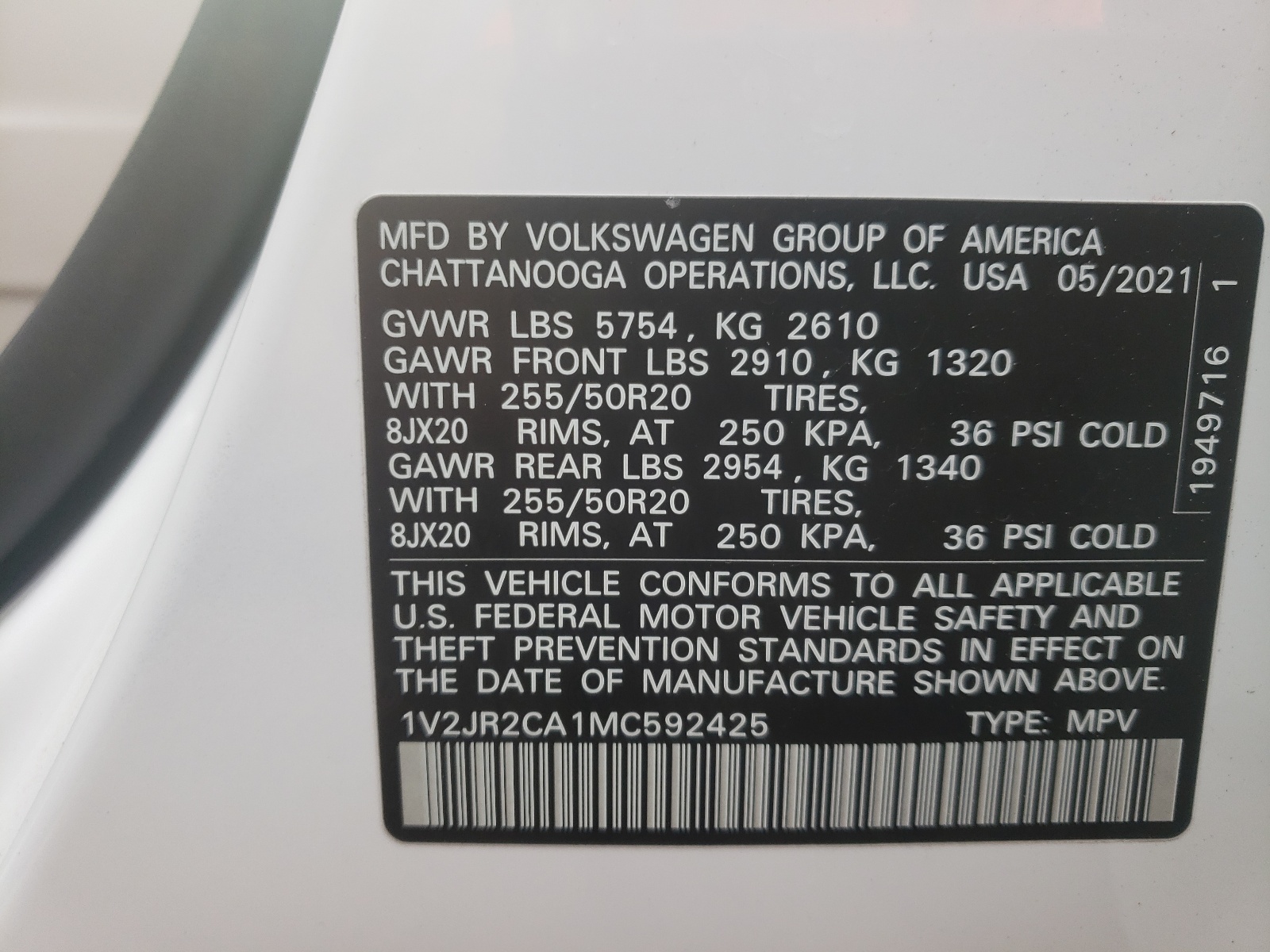 Photo 10 from auction – 2021 VOLKSWAGEN ATLAS SE with VIN 1V2JR2CA1MC592425