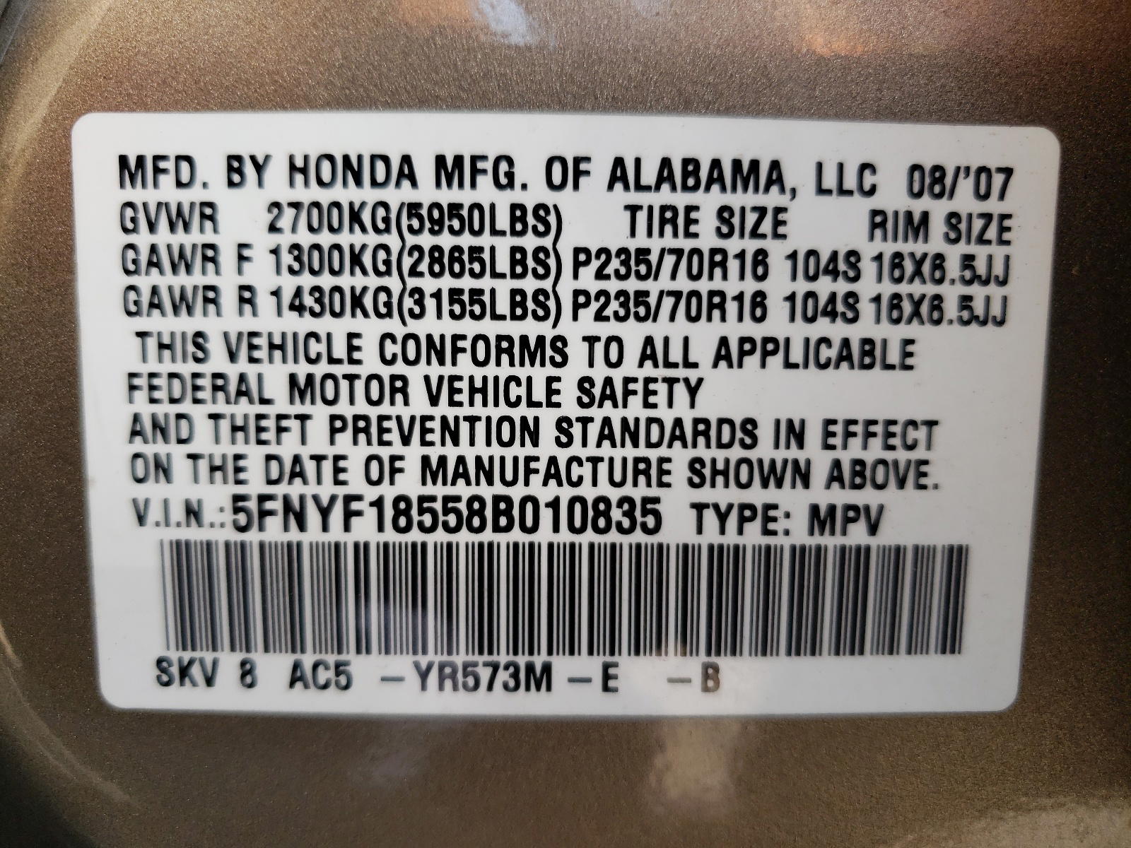 Photo 10 from auction – 2008 HONDA PILOT EXL with VIN 5FNYF18558B010835