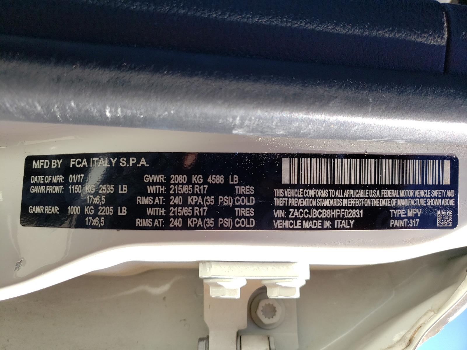 Photo 10 from auction – 2017 JEEP RENEGADE T with VIN ZACCJBCB8HPF02831