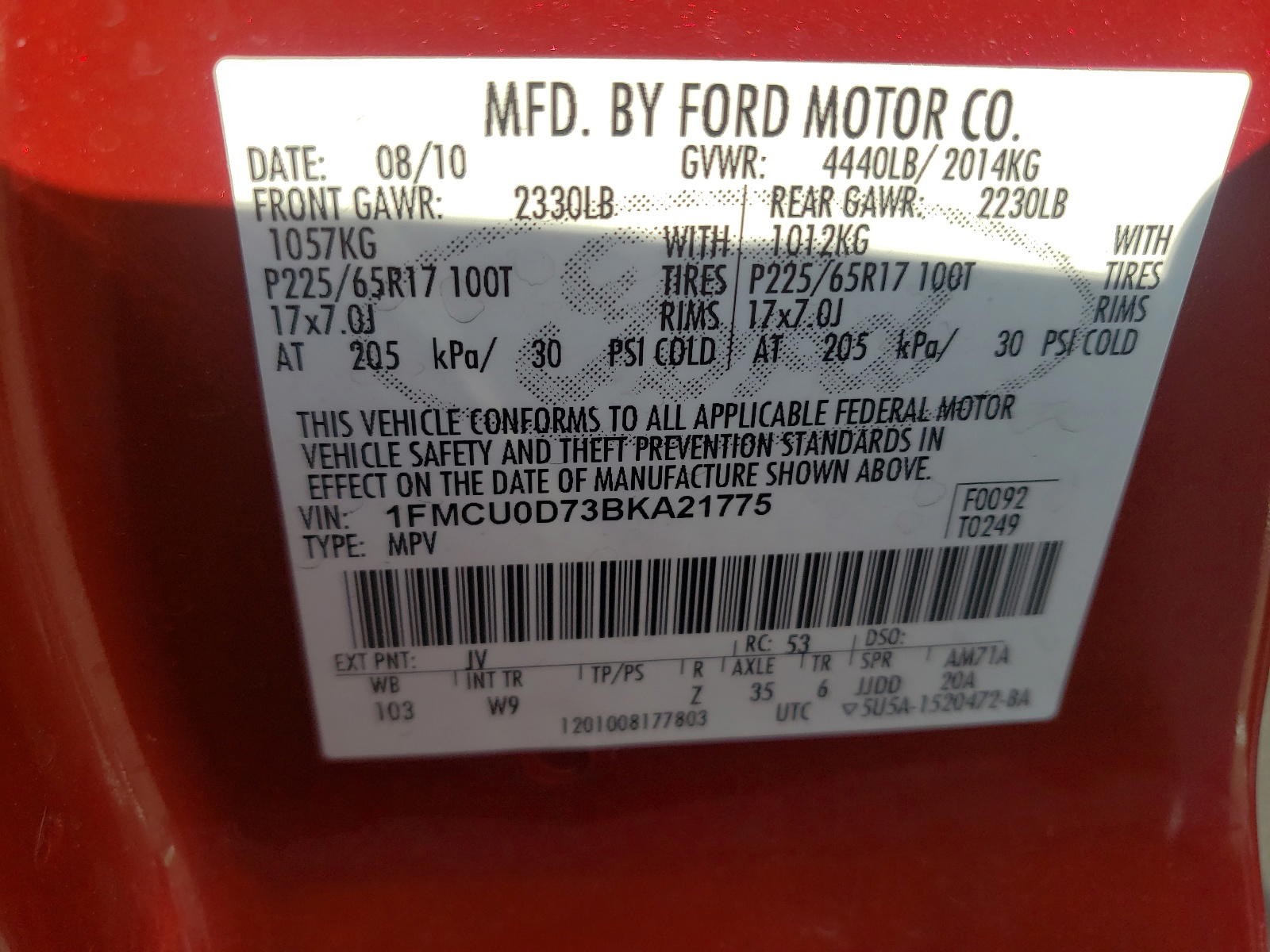 Photo 10 from auction – 2011 FORD ESCAPE XLT with VIN 1FMCU0D73BKA21775