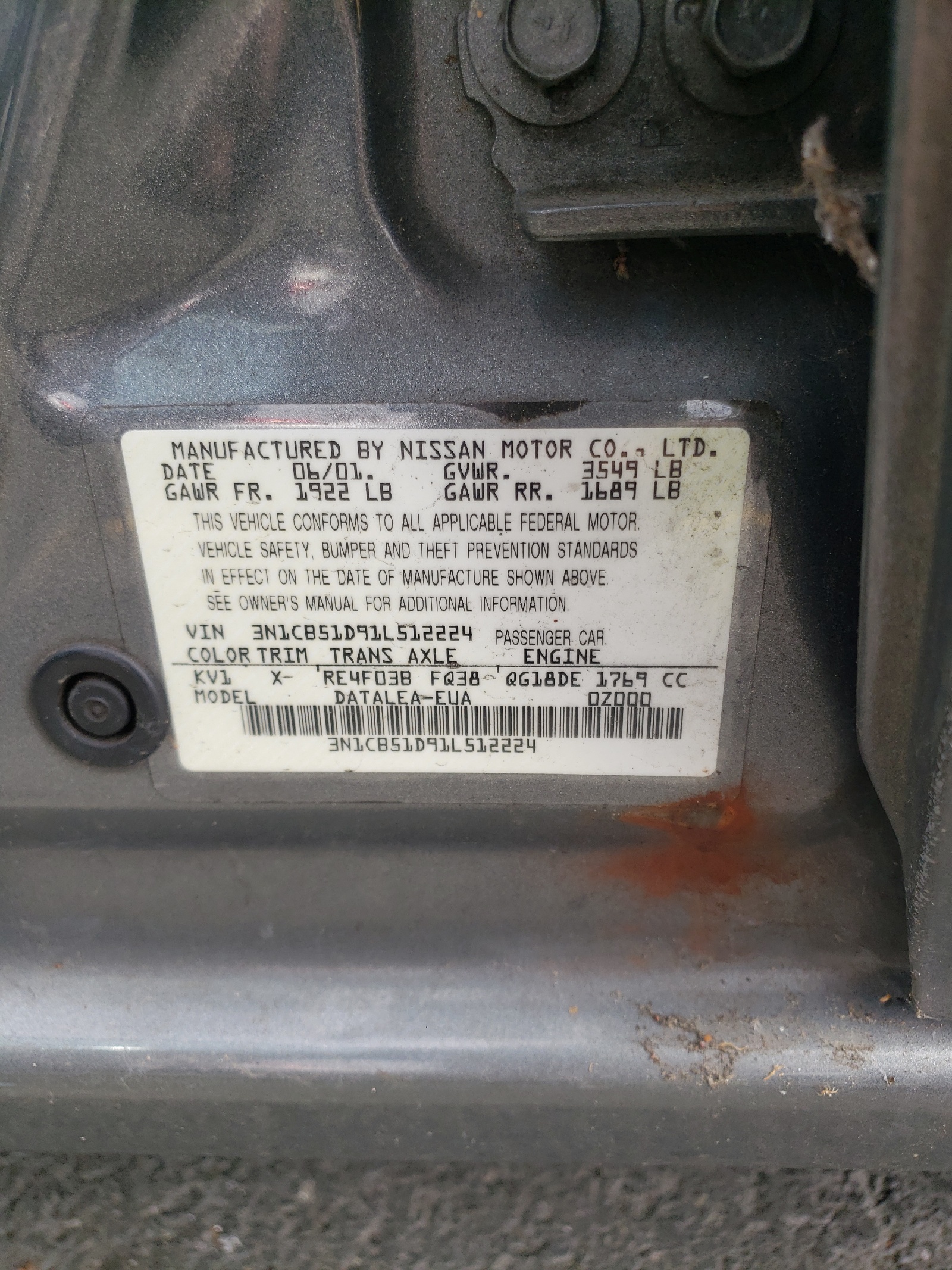 Photo 10 from auction – 2001 NISSAN SENTRA XE with VIN 3N1CB51D91L512224
