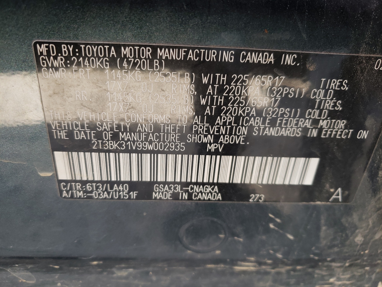 Photo 10 from auction – 2009 TOYOTA RAV4 LIMIT with VIN 2T3BK31V99W002935