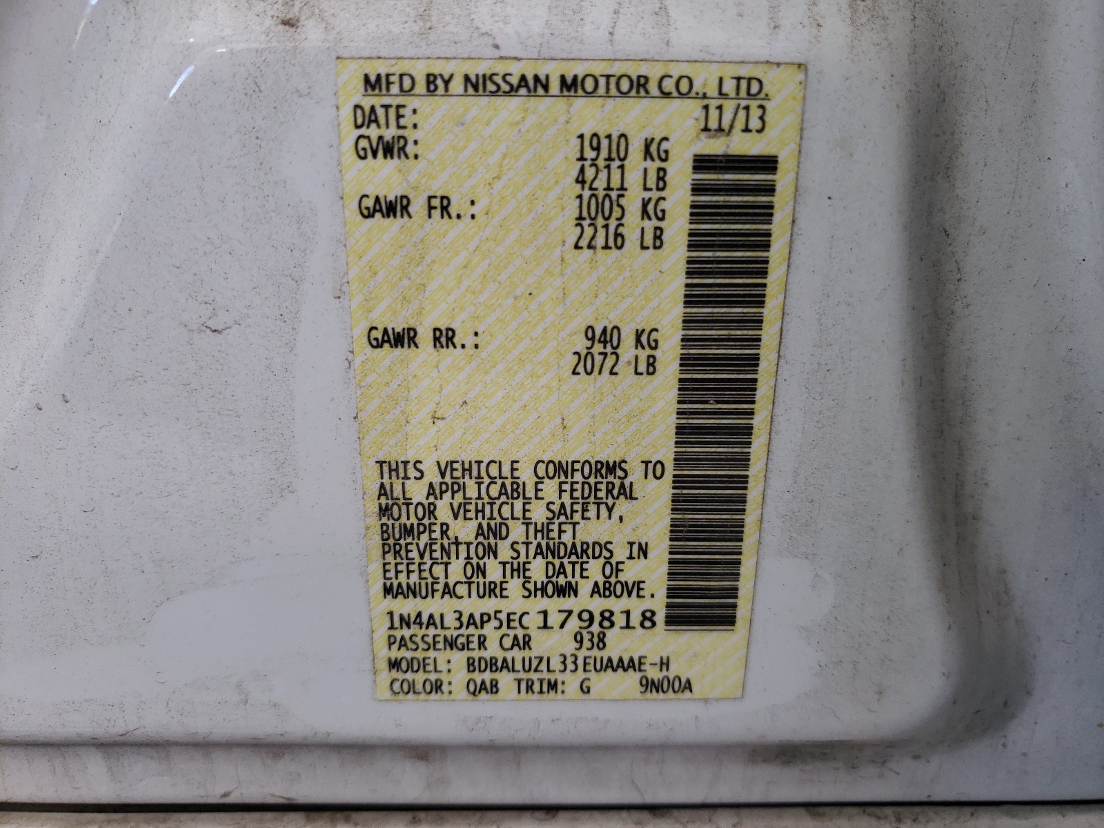 Photo 10 from auction – 2014 NISSAN ALTIMA 2.5 with VIN 1N4AL3AP5EC179818